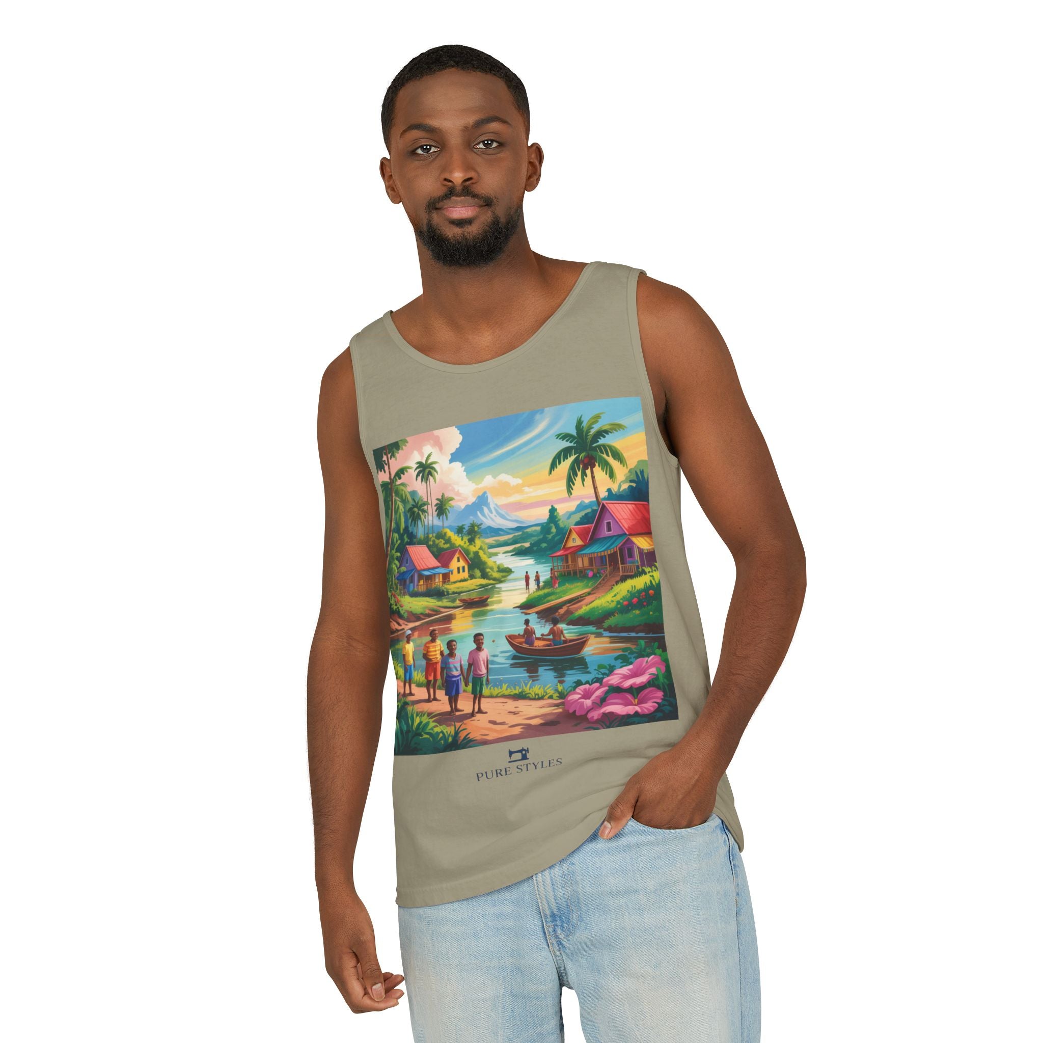Vibrant Tropical Scene Tank Top - Unisex Summer Wear, Beach Casual, Vacation Apparel, Gift for Nature Lovers, Relaxed Fit Fashion