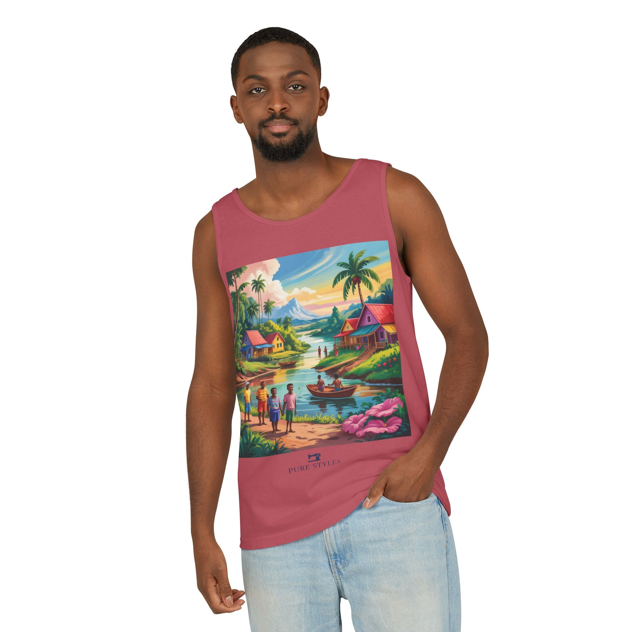 Vibrant Tropical Scene Tank Top - Unisex Summer Wear, Beach Casual, Vacation Apparel, Gift for Nature Lovers, Relaxed Fit Fashion