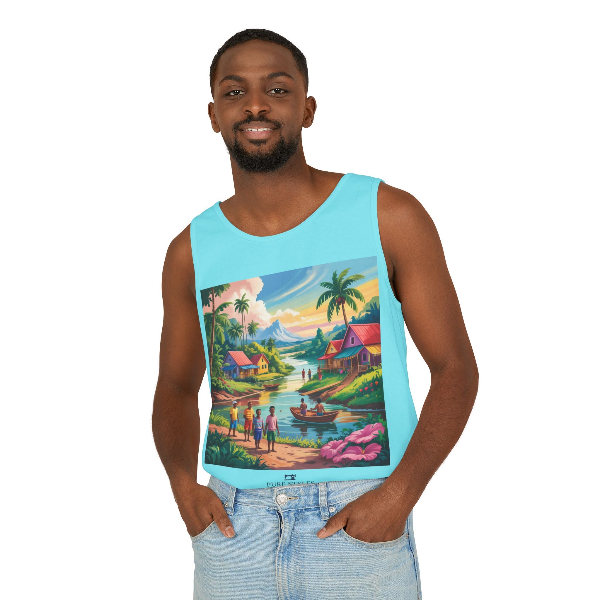Vibrant Tropical Scene Tank Top - Unisex Summer Wear, Beach Casual, Vacation Apparel, Gift for Nature Lovers, Relaxed Fit Fashion