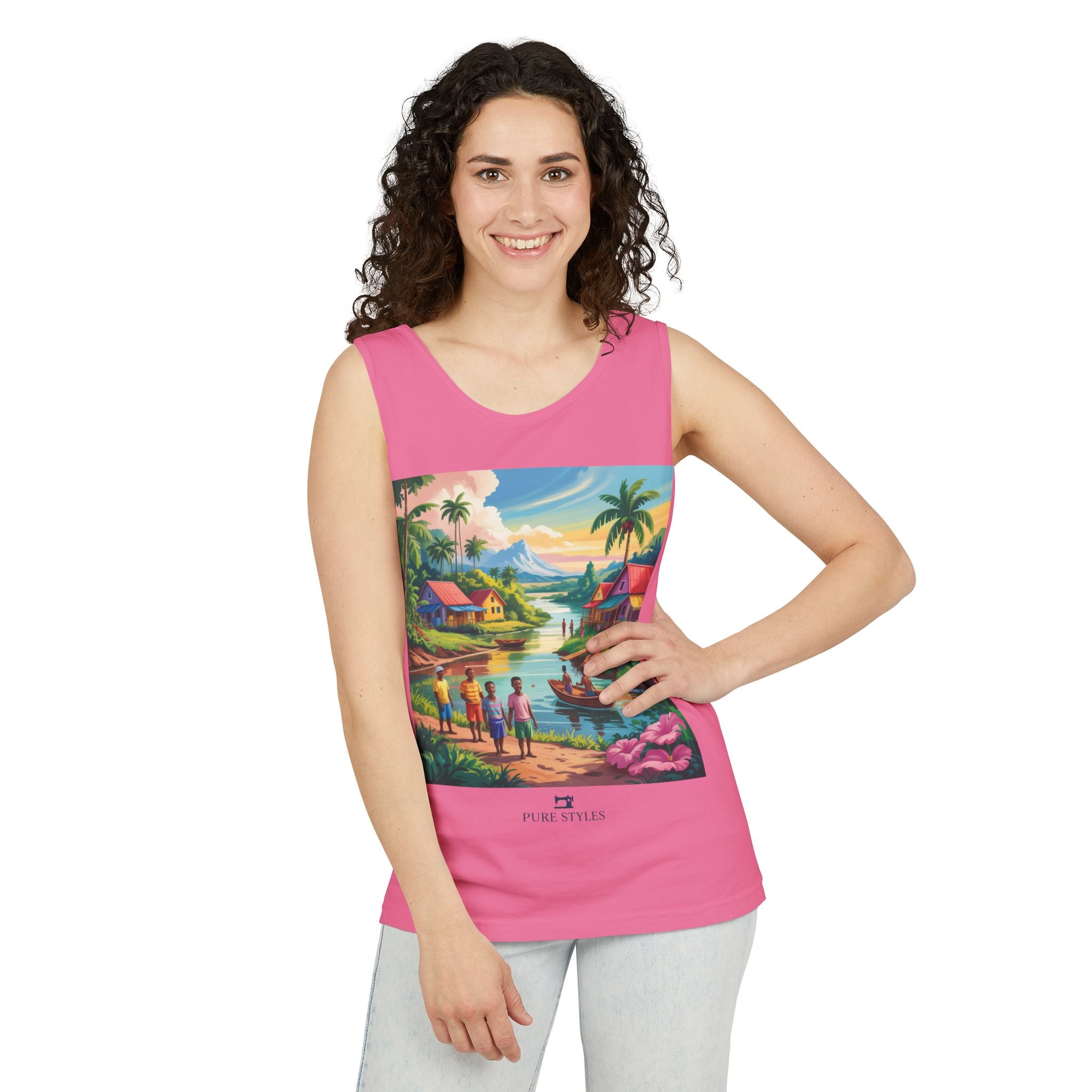 Vibrant Tropical Scene Tank Top - Unisex Summer Wear, Beach Casual, Vacation Apparel, Gift for Nature Lovers, Relaxed Fit Fashion
