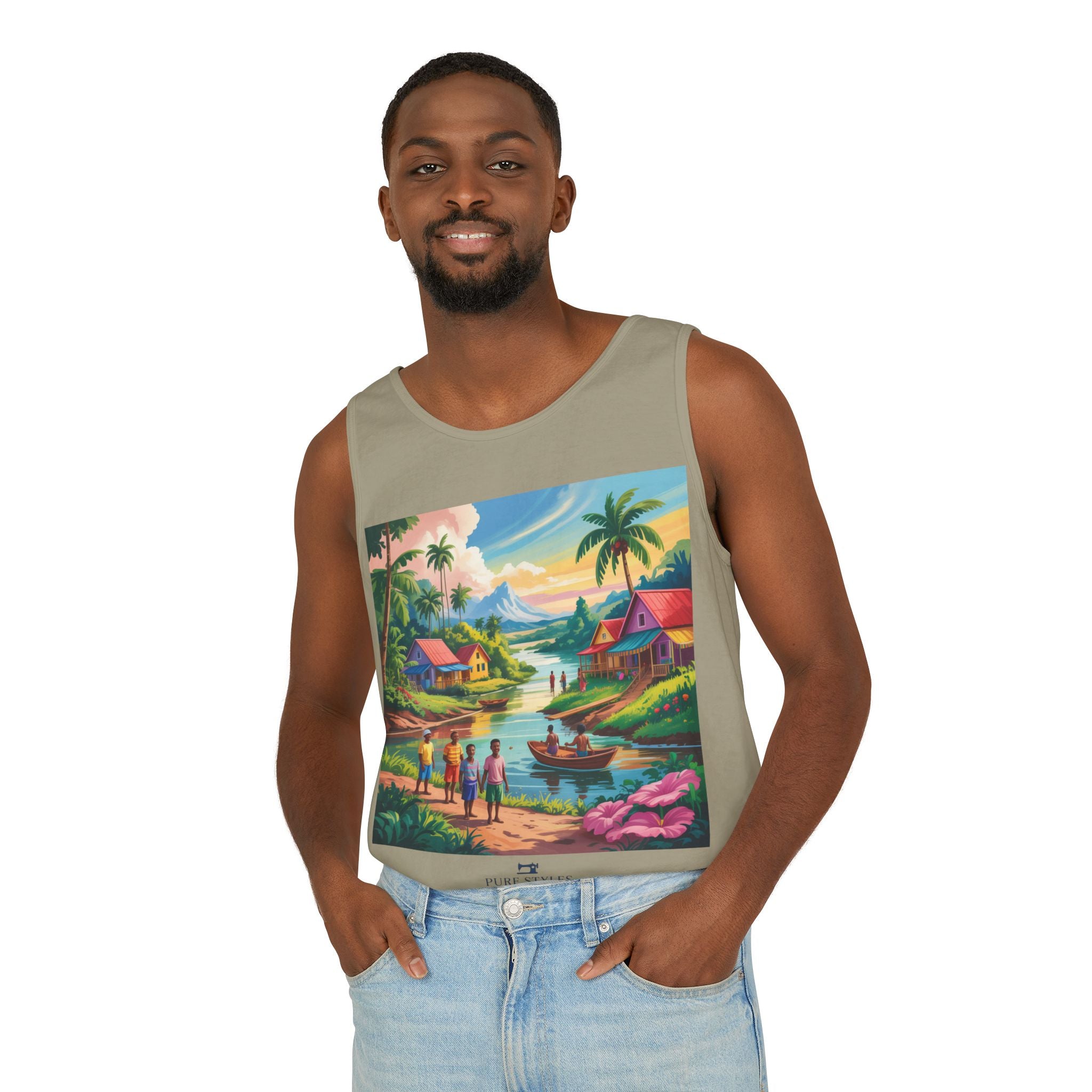 Vibrant Tropical Scene Tank Top - Unisex Summer Wear, Beach Casual, Vacation Apparel, Gift for Nature Lovers, Relaxed Fit Fashion