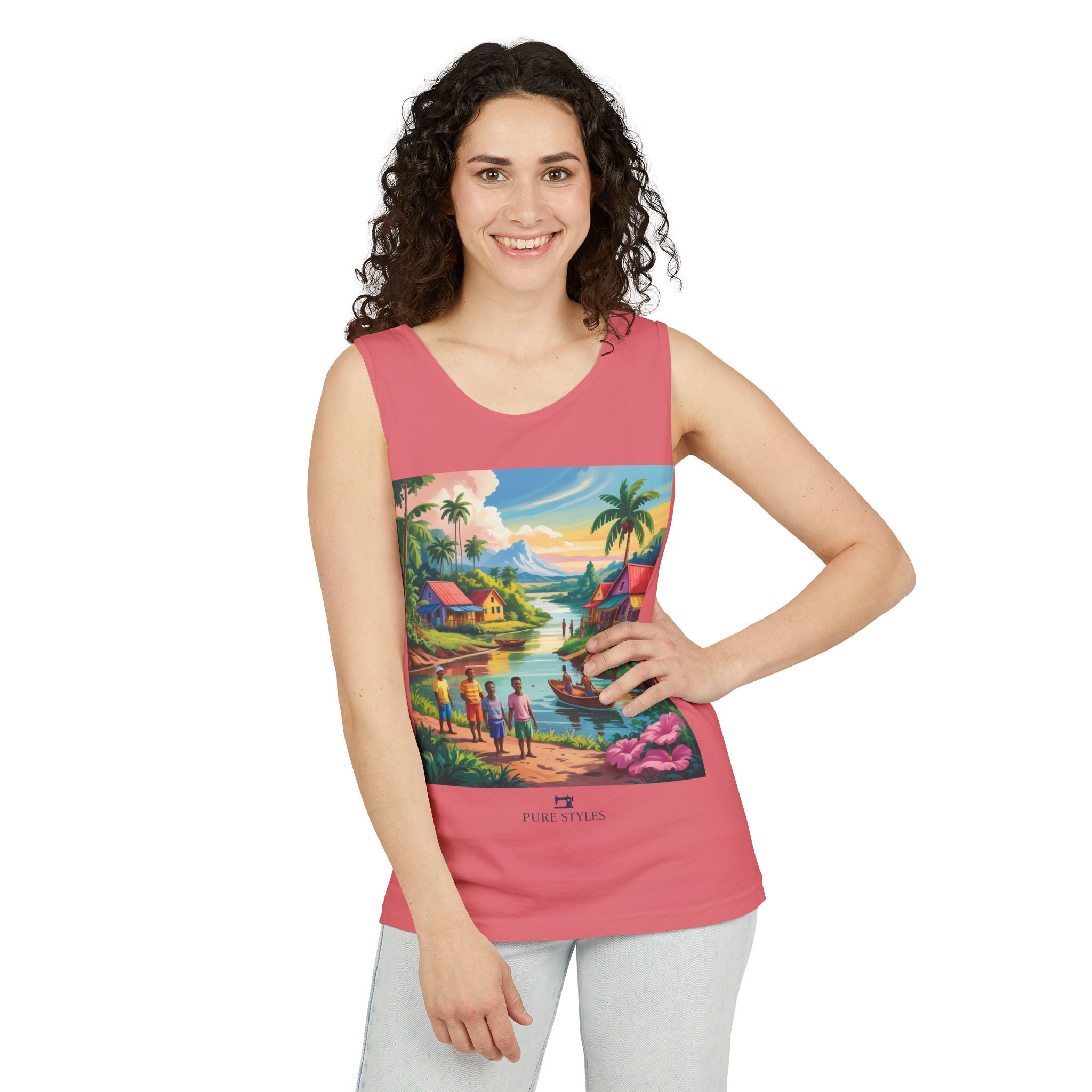 Vibrant Tropical Scene Tank Top - Unisex Summer Wear, Beach Casual, Vacation Apparel, Gift for Nature Lovers, Relaxed Fit Fashion
