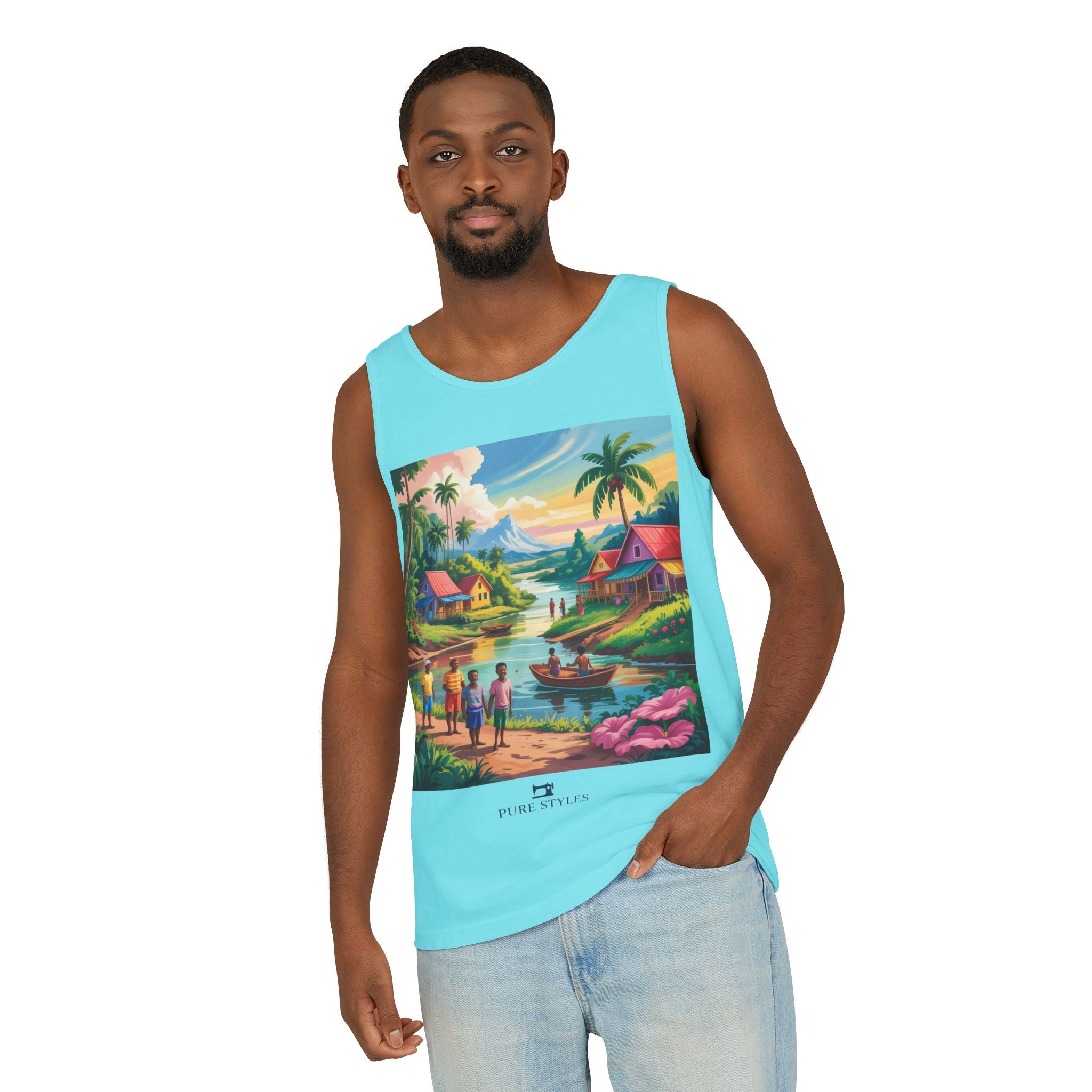 Vibrant Tropical Scene Tank Top - Unisex Summer Wear, Beach Casual, Vacation Apparel, Gift for Nature Lovers, Relaxed Fit Fashion