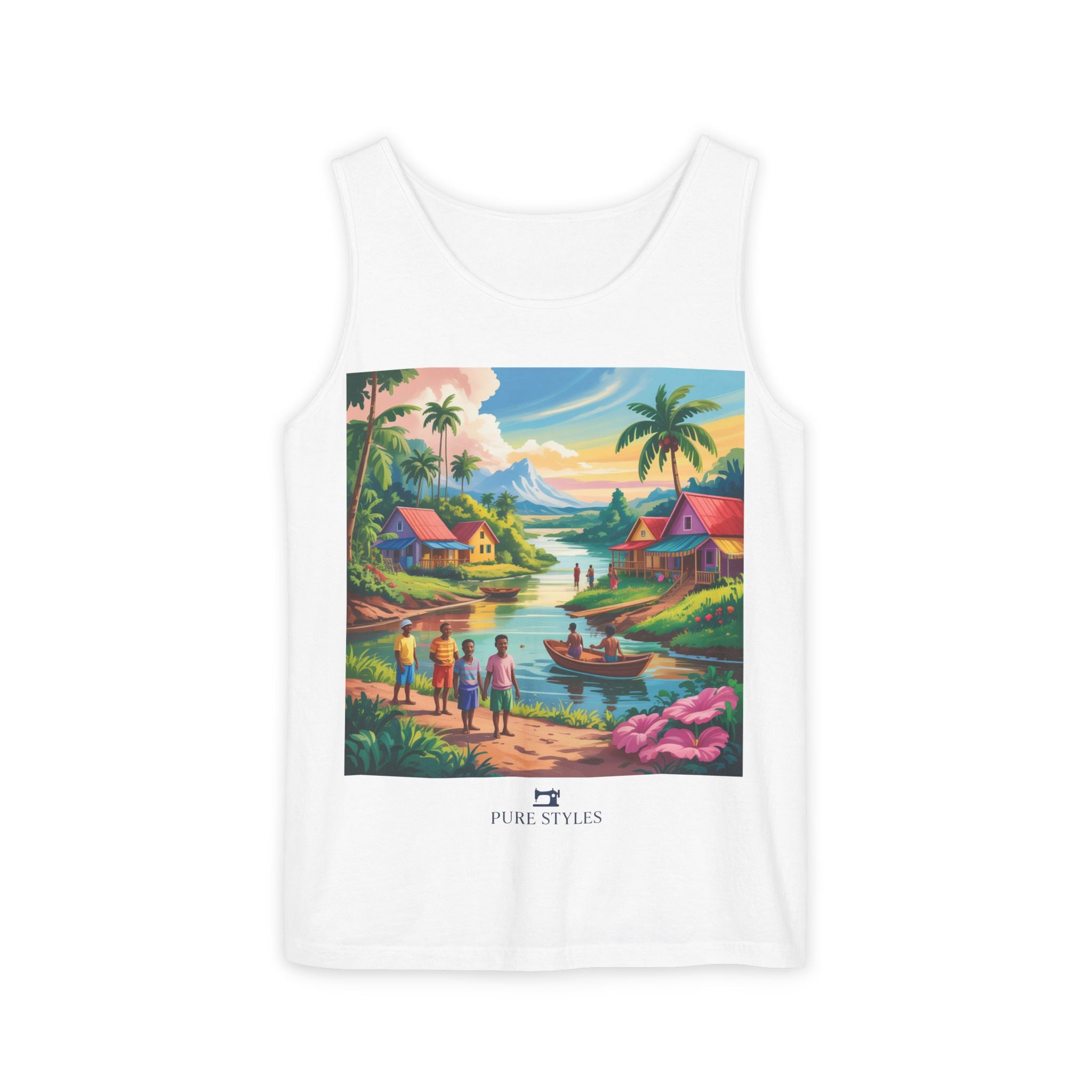 Vibrant Tropical Scene Tank Top - Unisex Summer Wear, Beach Casual, Vacation Apparel, Gift for Nature Lovers, Relaxed Fit Fashion