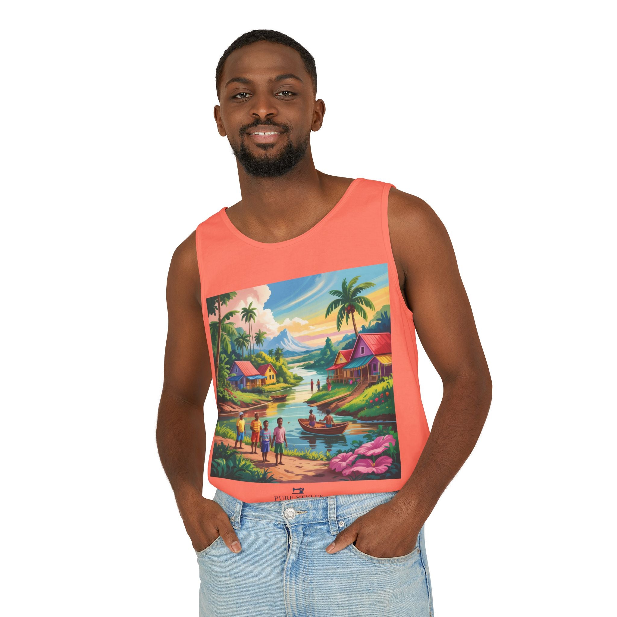 Vibrant Tropical Scene Tank Top - Unisex Summer Wear, Beach Casual, Vacation Apparel, Gift for Nature Lovers, Relaxed Fit Fashion