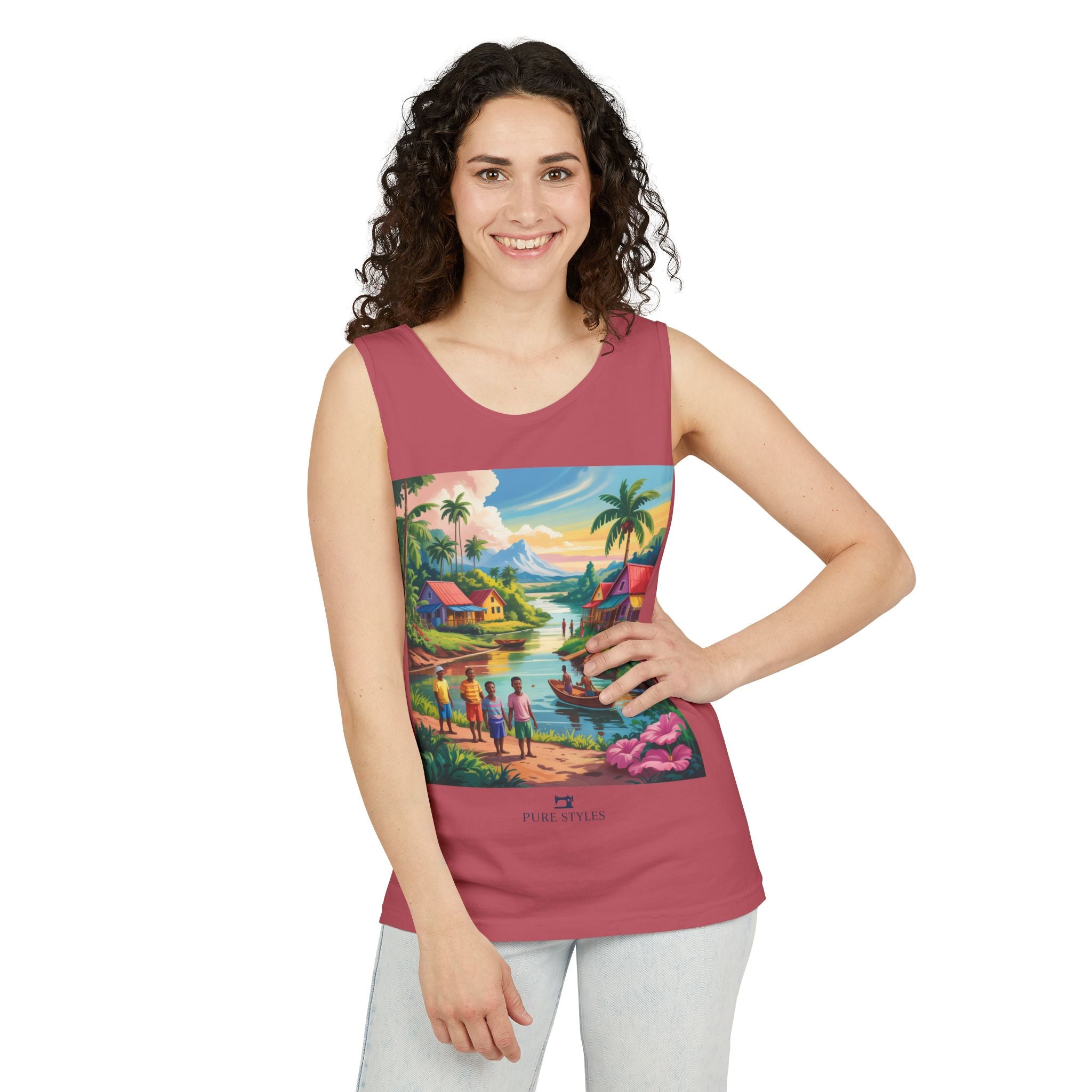 Vibrant Tropical Scene Tank Top - Unisex Summer Wear, Beach Casual, Vacation Apparel, Gift for Nature Lovers, Relaxed Fit Fashion