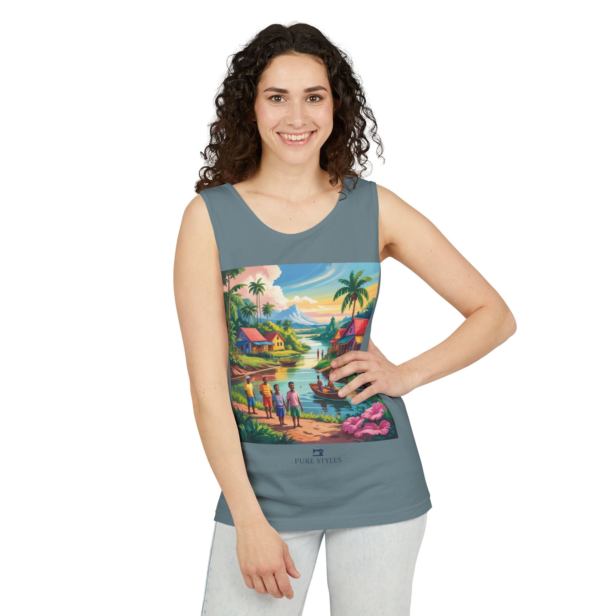 Vibrant Tropical Scene Tank Top - Unisex Summer Wear, Beach Casual, Vacation Apparel, Gift for Nature Lovers, Relaxed Fit Fashion