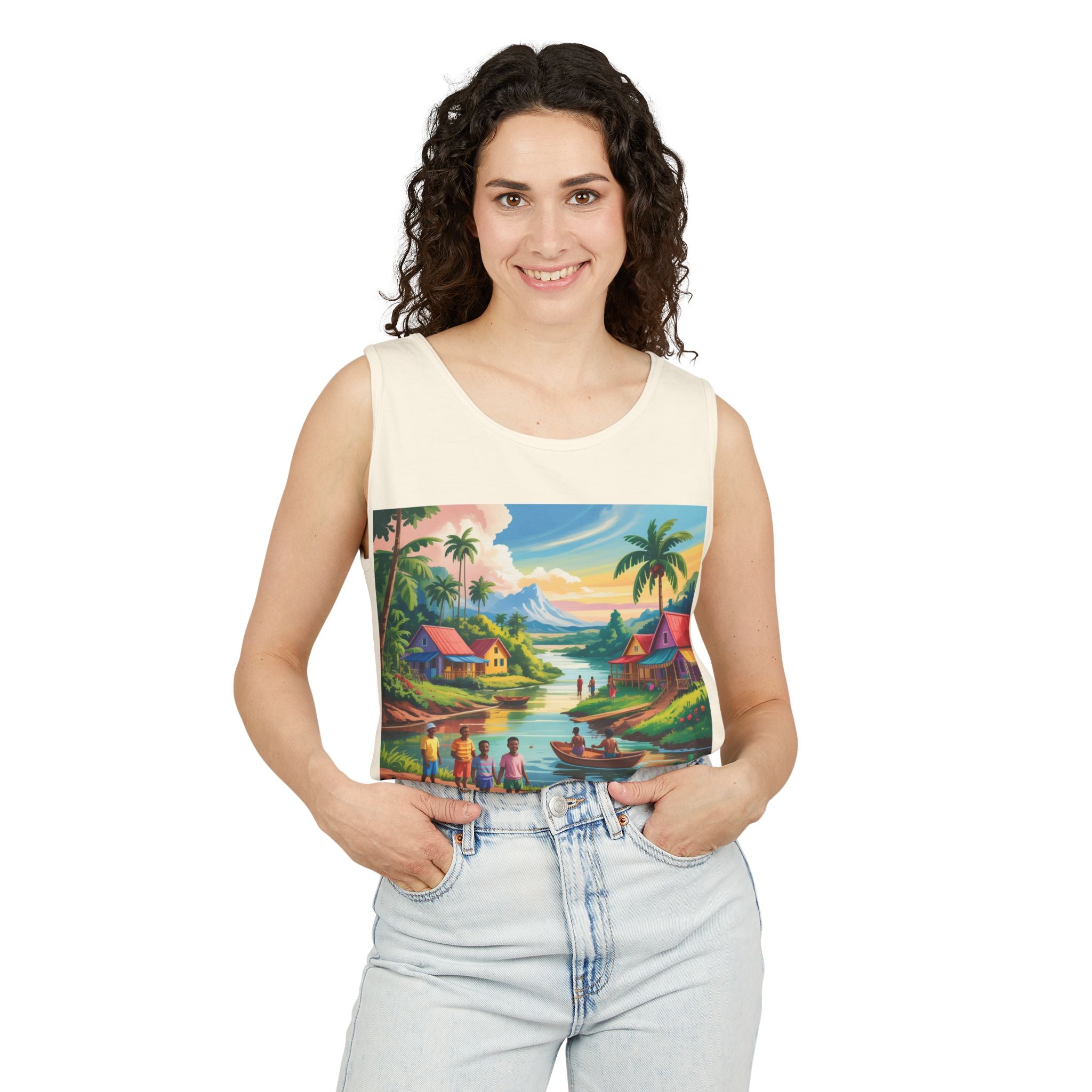 Vibrant Tropical Scene Tank Top - Unisex Summer Wear, Beach Casual, Vacation Apparel, Gift for Nature Lovers, Relaxed Fit Fashion
