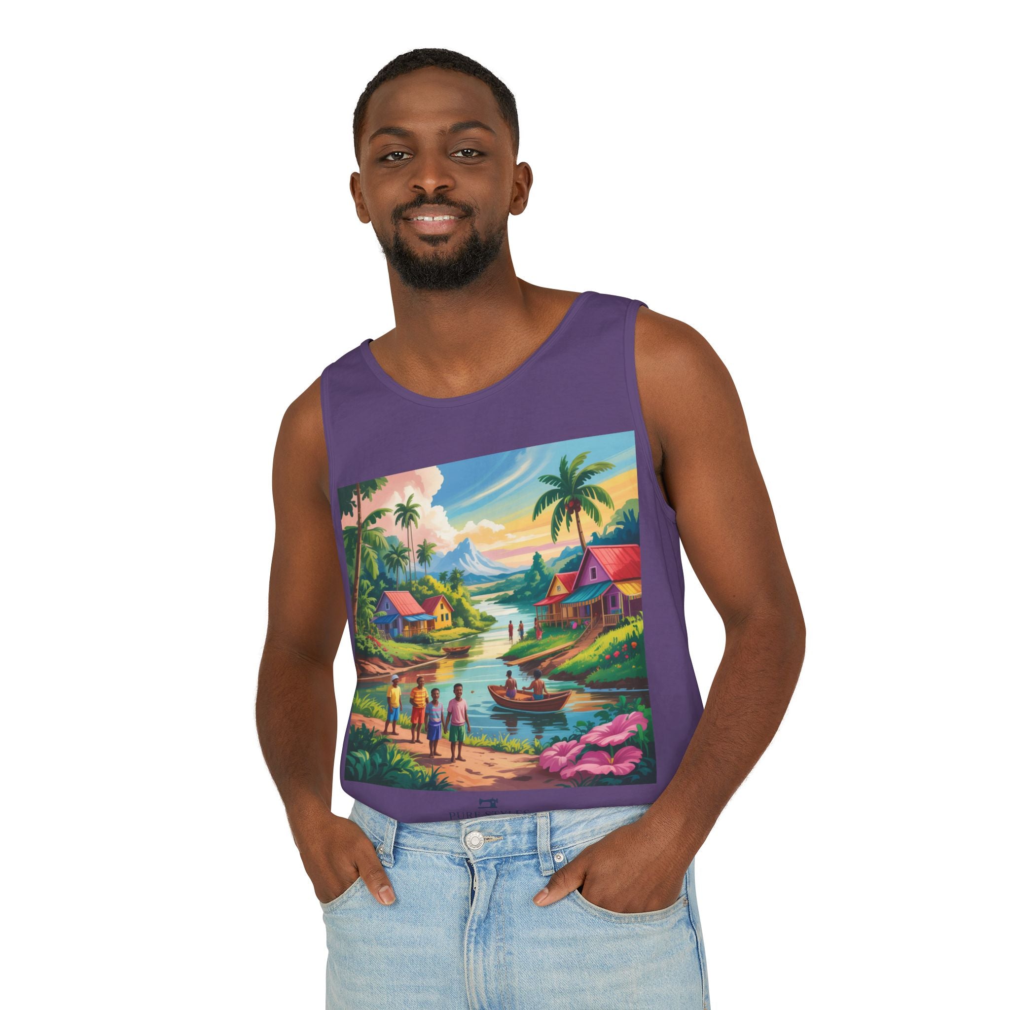 Vibrant Tropical Scene Tank Top - Unisex Summer Wear, Beach Casual, Vacation Apparel, Gift for Nature Lovers, Relaxed Fit Fashion