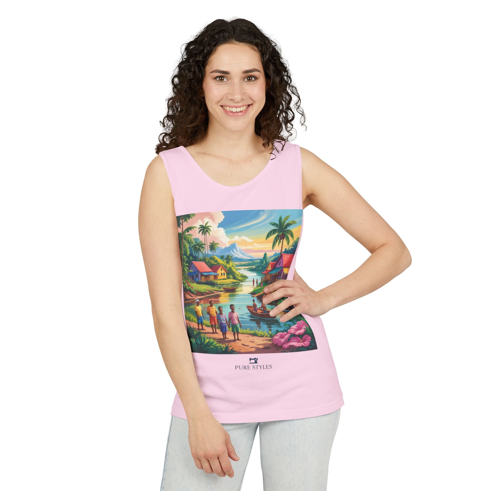Vibrant Tropical Scene Tank Top - Unisex Summer Wear, Beach Casual, Vacation Apparel, Gift for Nature Lovers, Relaxed Fit Fashion