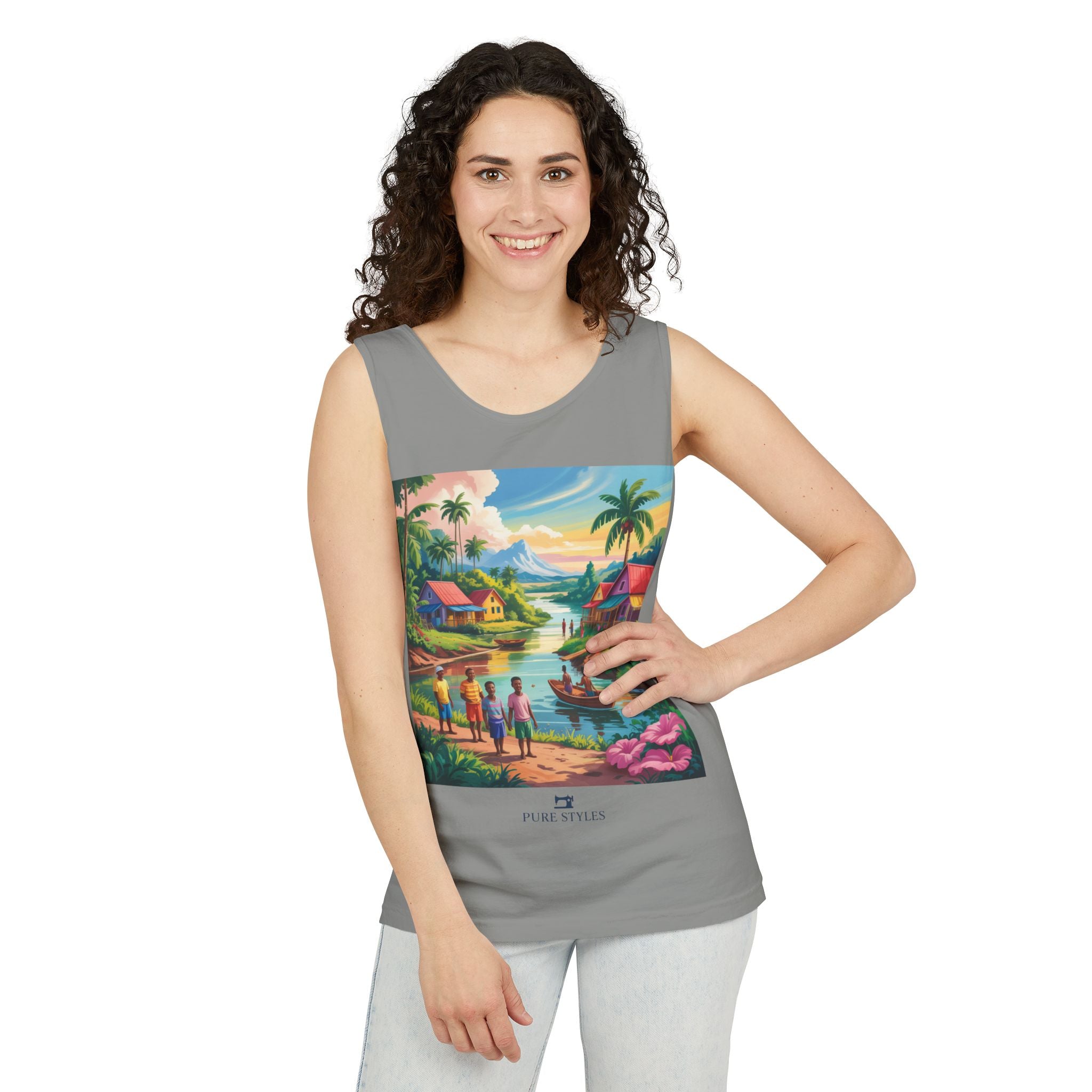 Vibrant Tropical Scene Tank Top - Unisex Summer Wear, Beach Casual, Vacation Apparel, Gift for Nature Lovers, Relaxed Fit Fashion
