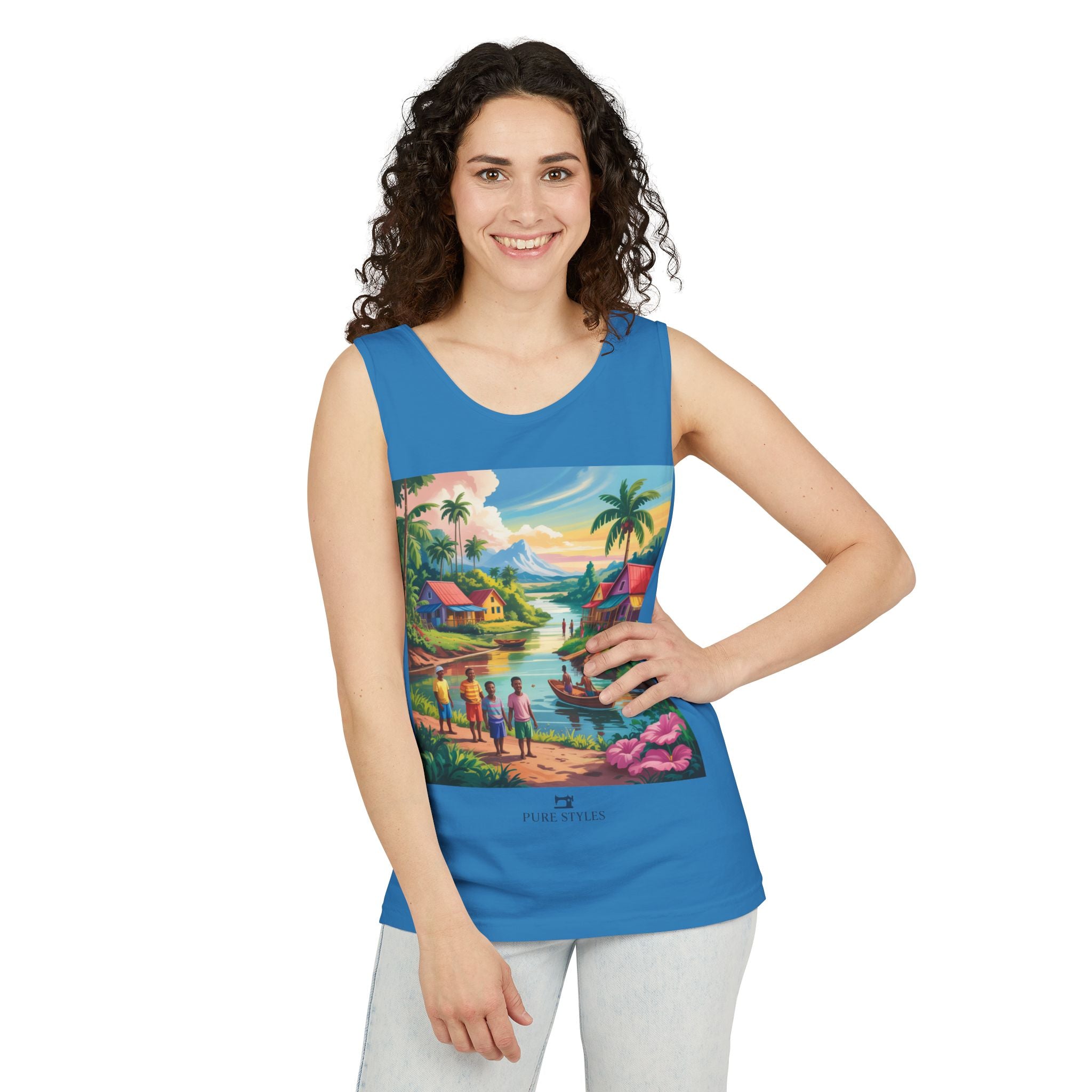 Vibrant Tropical Scene Tank Top - Unisex Summer Wear, Beach Casual, Vacation Apparel, Gift for Nature Lovers, Relaxed Fit Fashion