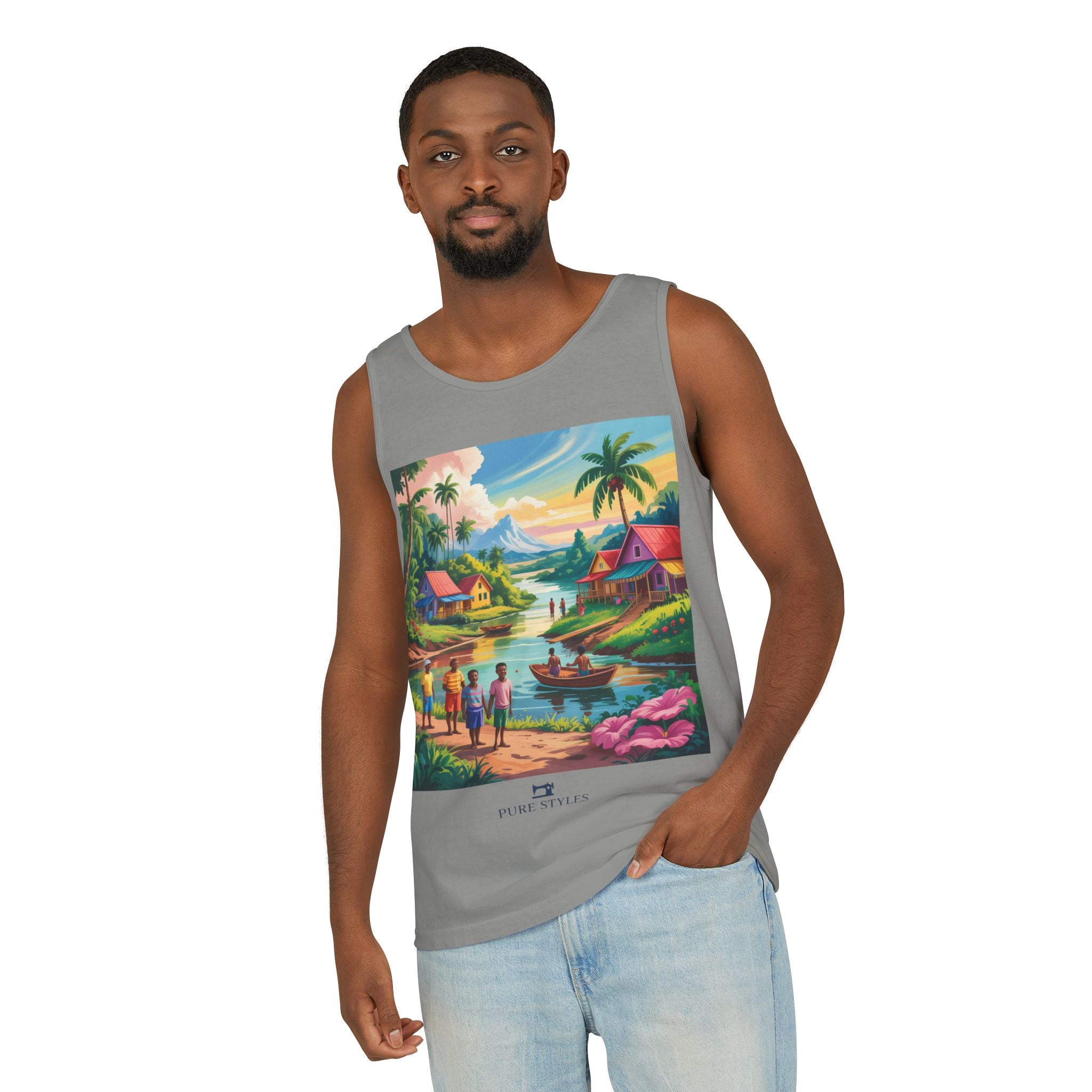 Vibrant Tropical Scene Tank Top - Unisex Summer Wear, Beach Casual, Vacation Apparel, Gift for Nature Lovers, Relaxed Fit Fashion
