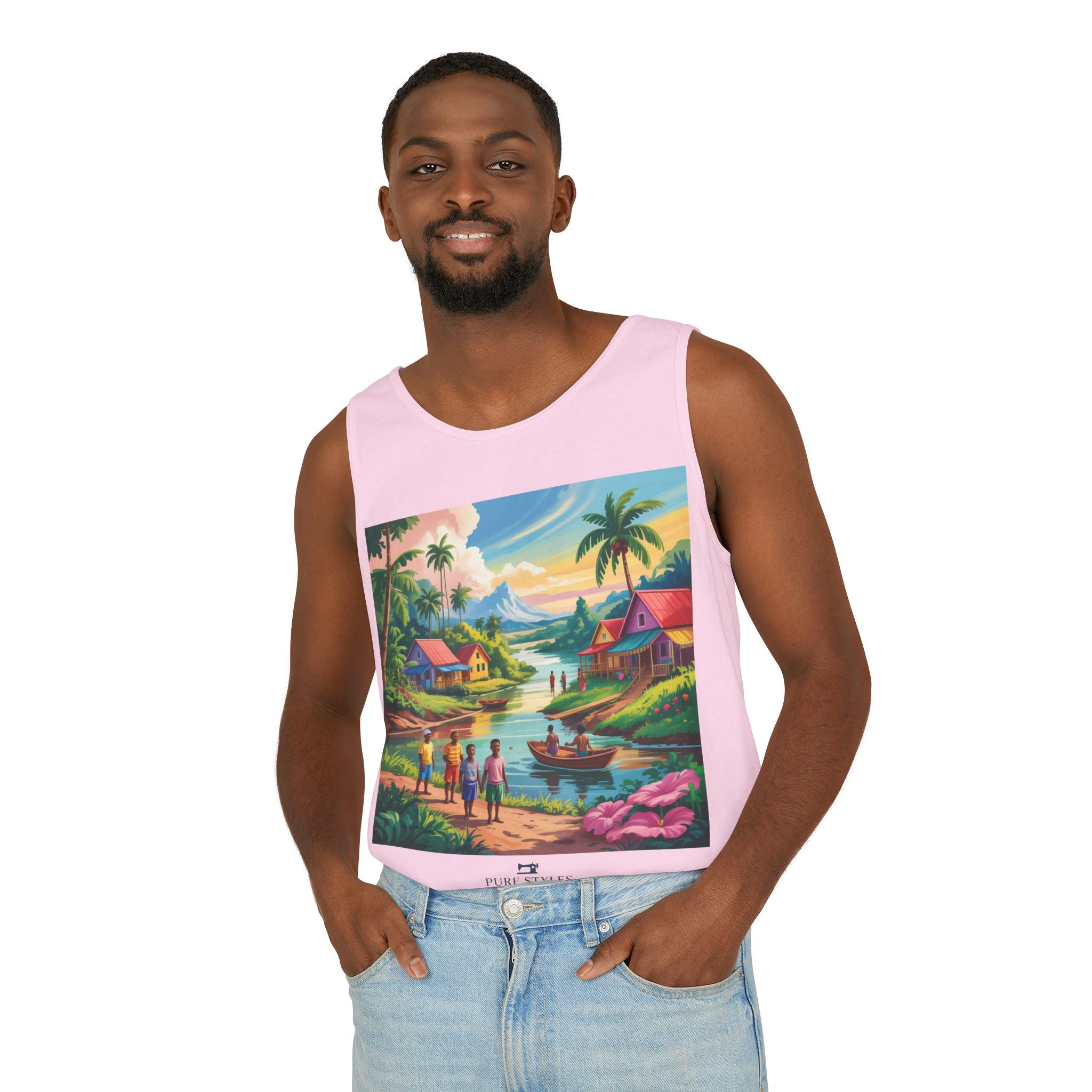 Vibrant Tropical Scene Tank Top - Unisex Summer Wear, Beach Casual, Vacation Apparel, Gift for Nature Lovers, Relaxed Fit Fashion