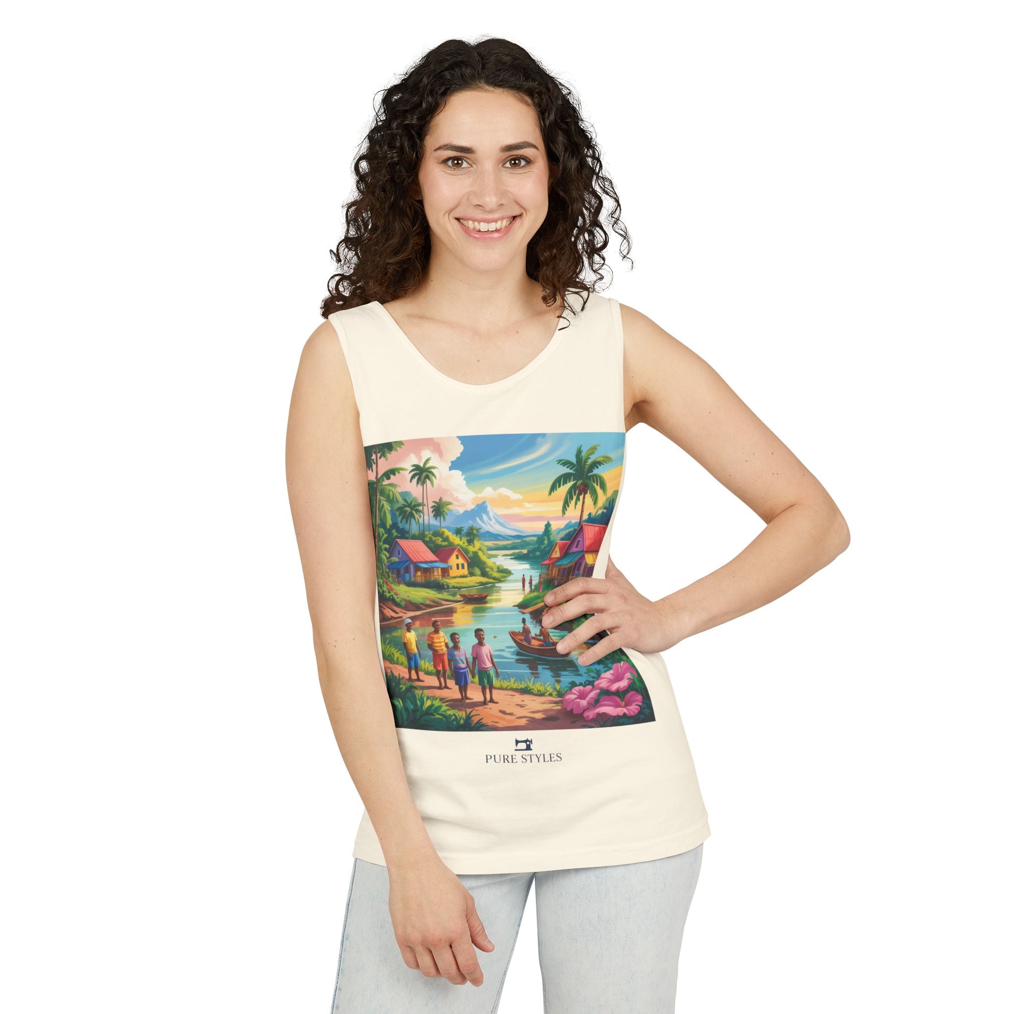Vibrant Tropical Scene Tank Top - Unisex Summer Wear, Beach Casual, Vacation Apparel, Gift for Nature Lovers, Relaxed Fit Fashion