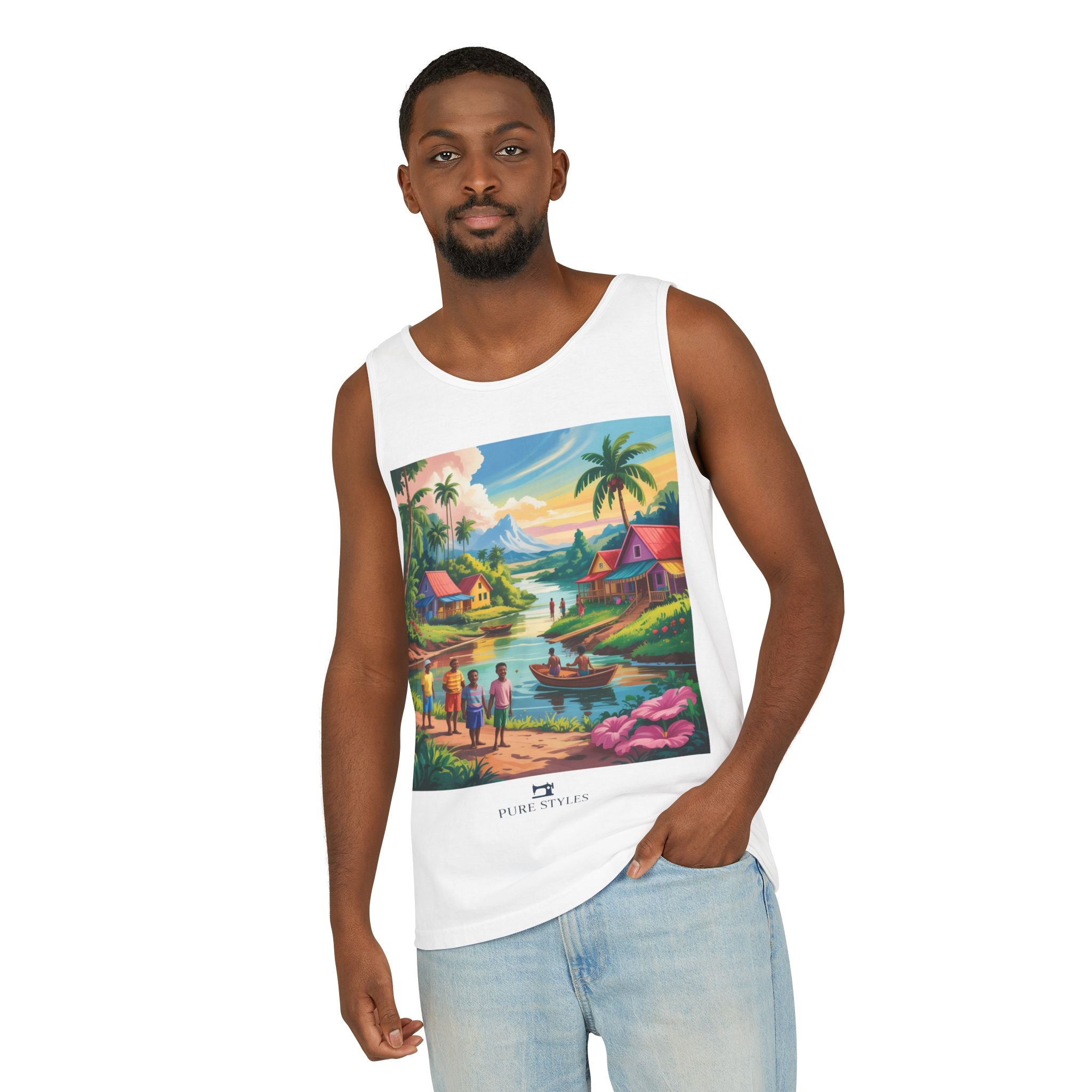 Vibrant Tropical Scene Tank Top - Unisex Summer Wear, Beach Casual, Vacation Apparel, Gift for Nature Lovers, Relaxed Fit Fashion
