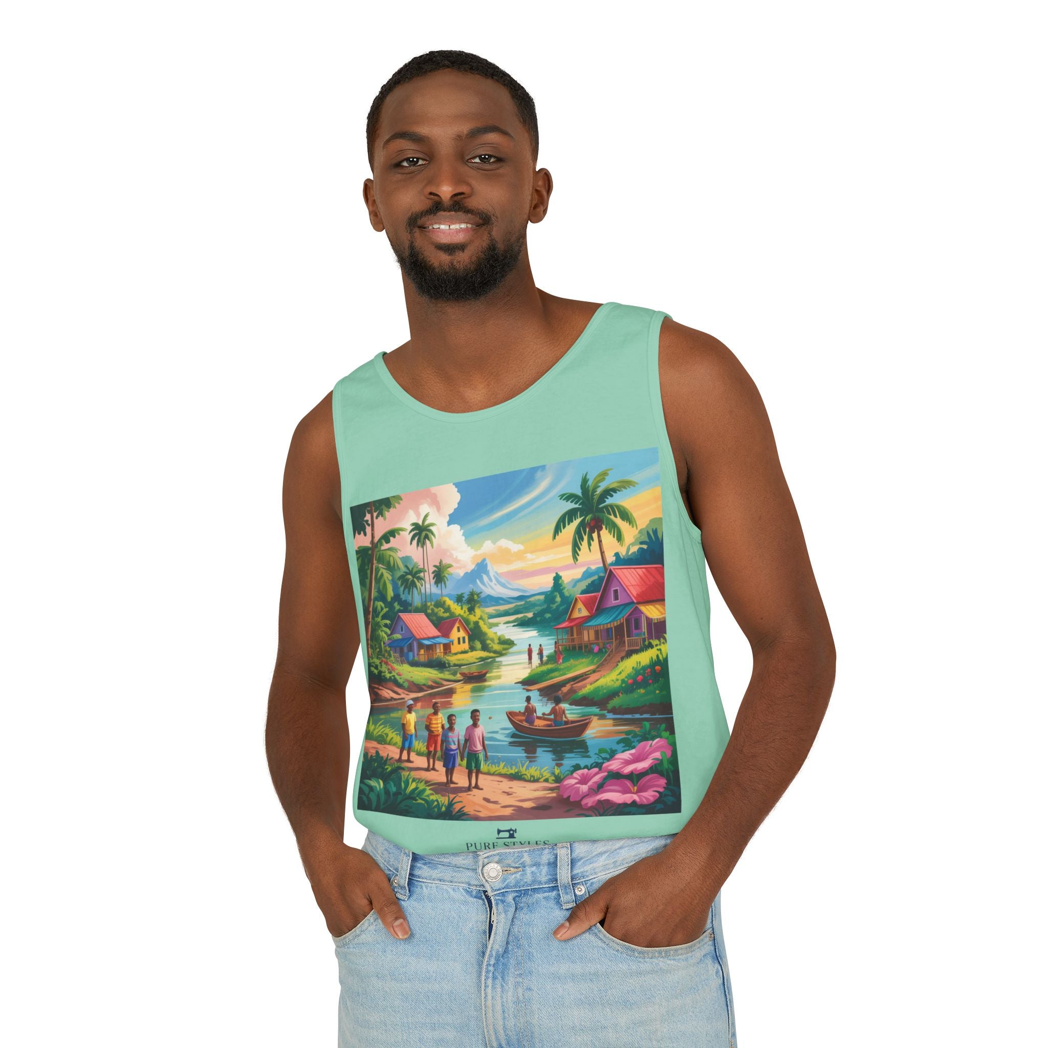 Vibrant Tropical Scene Tank Top - Unisex Summer Wear, Beach Casual, Vacation Apparel, Gift for Nature Lovers, Relaxed Fit Fashion