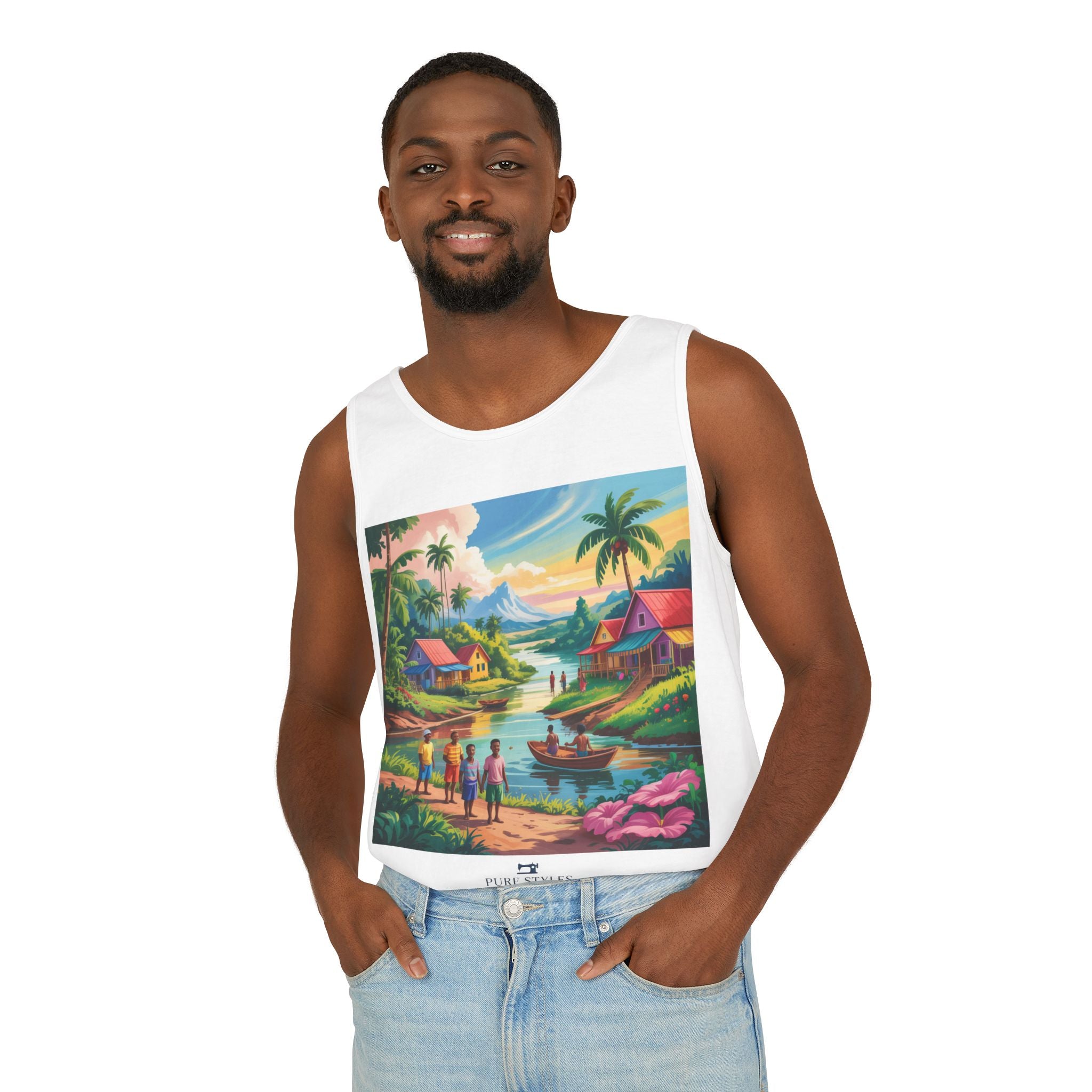 Vibrant Tropical Scene Tank Top - Unisex Summer Wear, Beach Casual, Vacation Apparel, Gift for Nature Lovers, Relaxed Fit Fashion