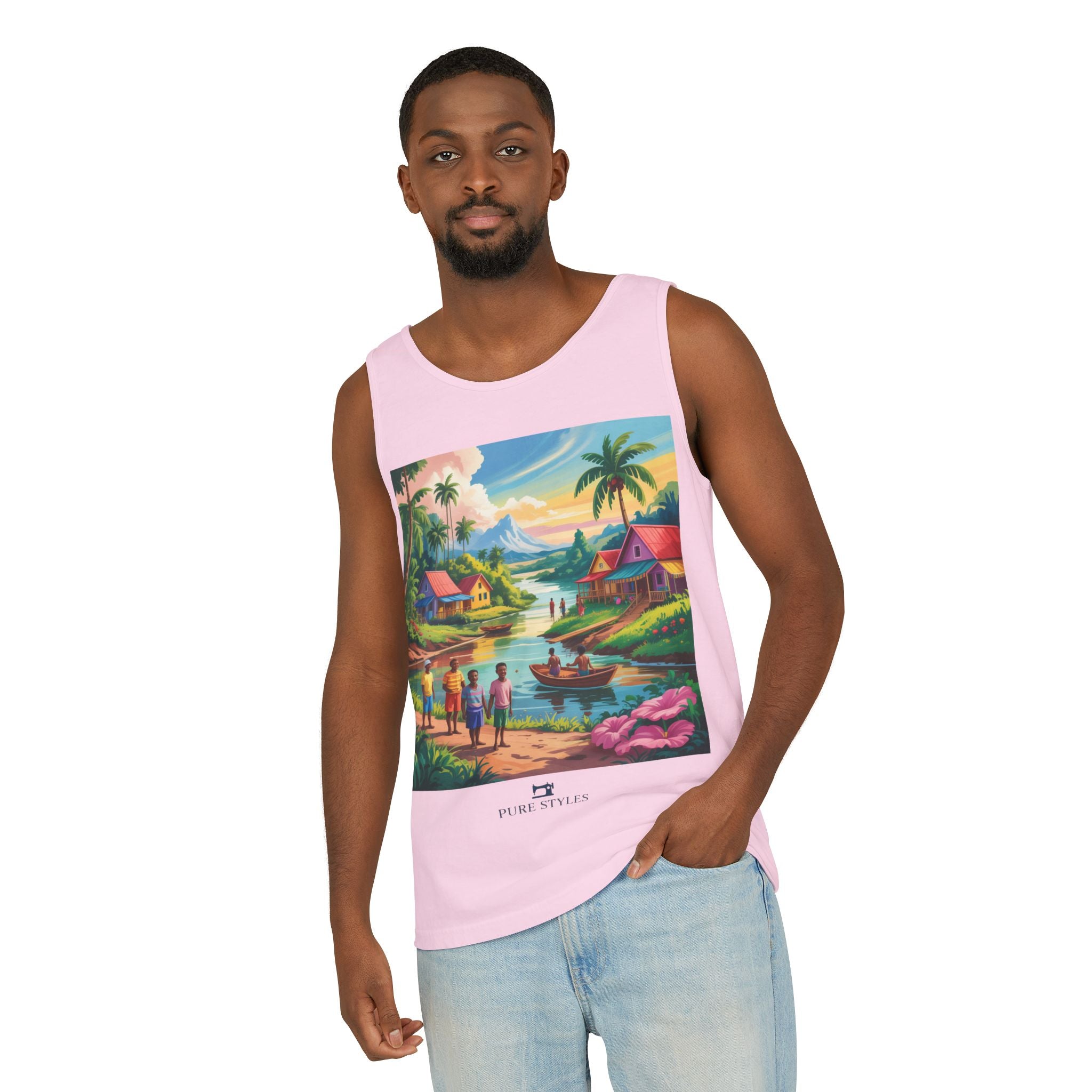Vibrant Tropical Scene Tank Top - Unisex Summer Wear, Beach Casual, Vacation Apparel, Gift for Nature Lovers, Relaxed Fit Fashion