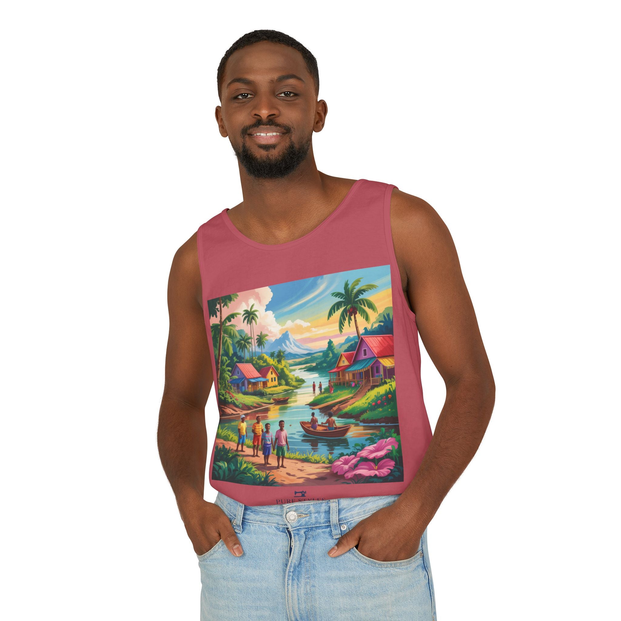 Vibrant Tropical Scene Tank Top - Unisex Summer Wear, Beach Casual, Vacation Apparel, Gift for Nature Lovers, Relaxed Fit Fashion