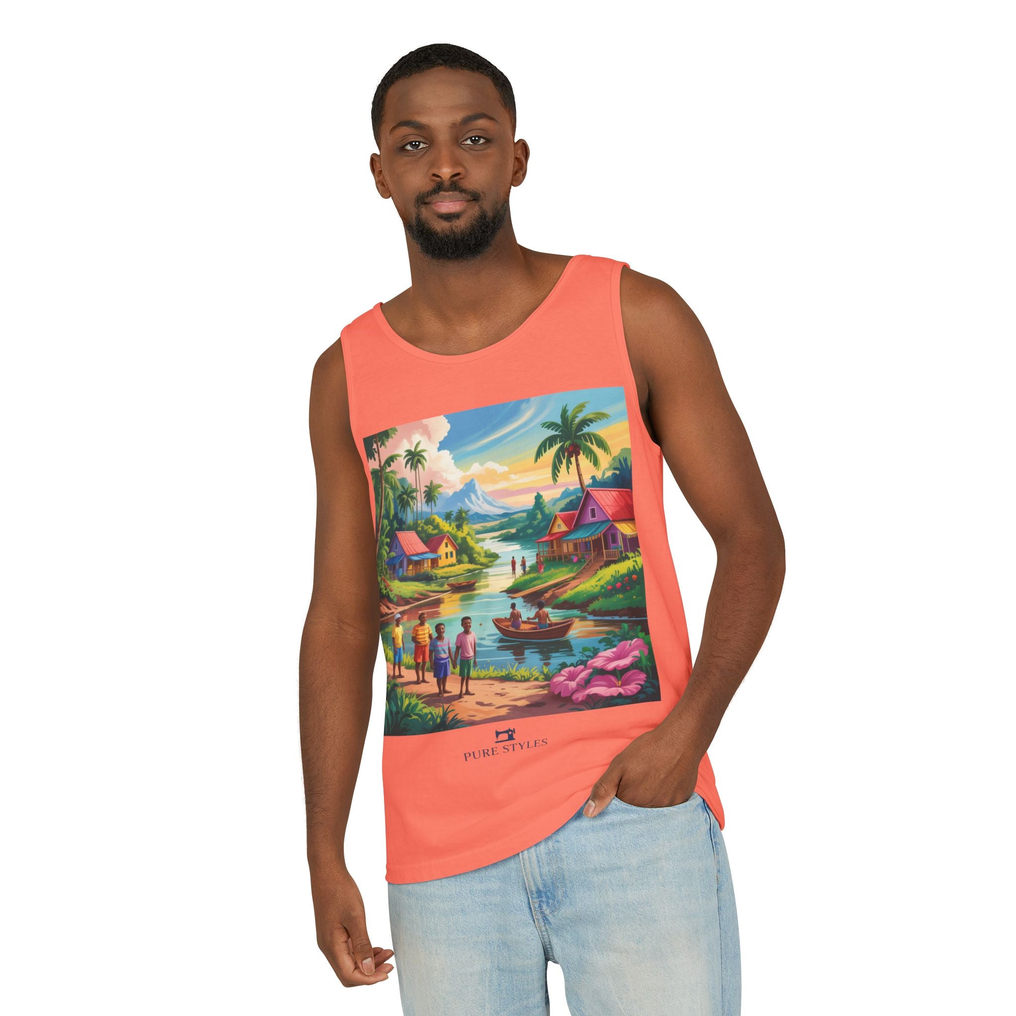 Vibrant Tropical Scene Tank Top - Unisex Summer Wear, Beach Casual, Vacation Apparel, Gift for Nature Lovers, Relaxed Fit Fashion