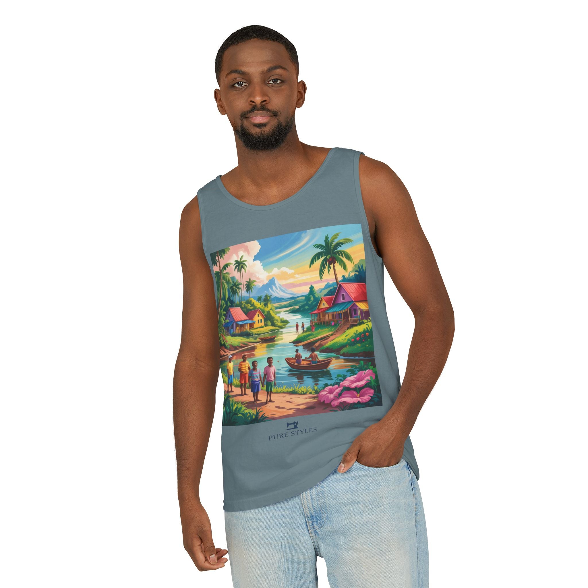 Vibrant Tropical Scene Tank Top - Unisex Summer Wear, Beach Casual, Vacation Apparel, Gift for Nature Lovers, Relaxed Fit Fashion
