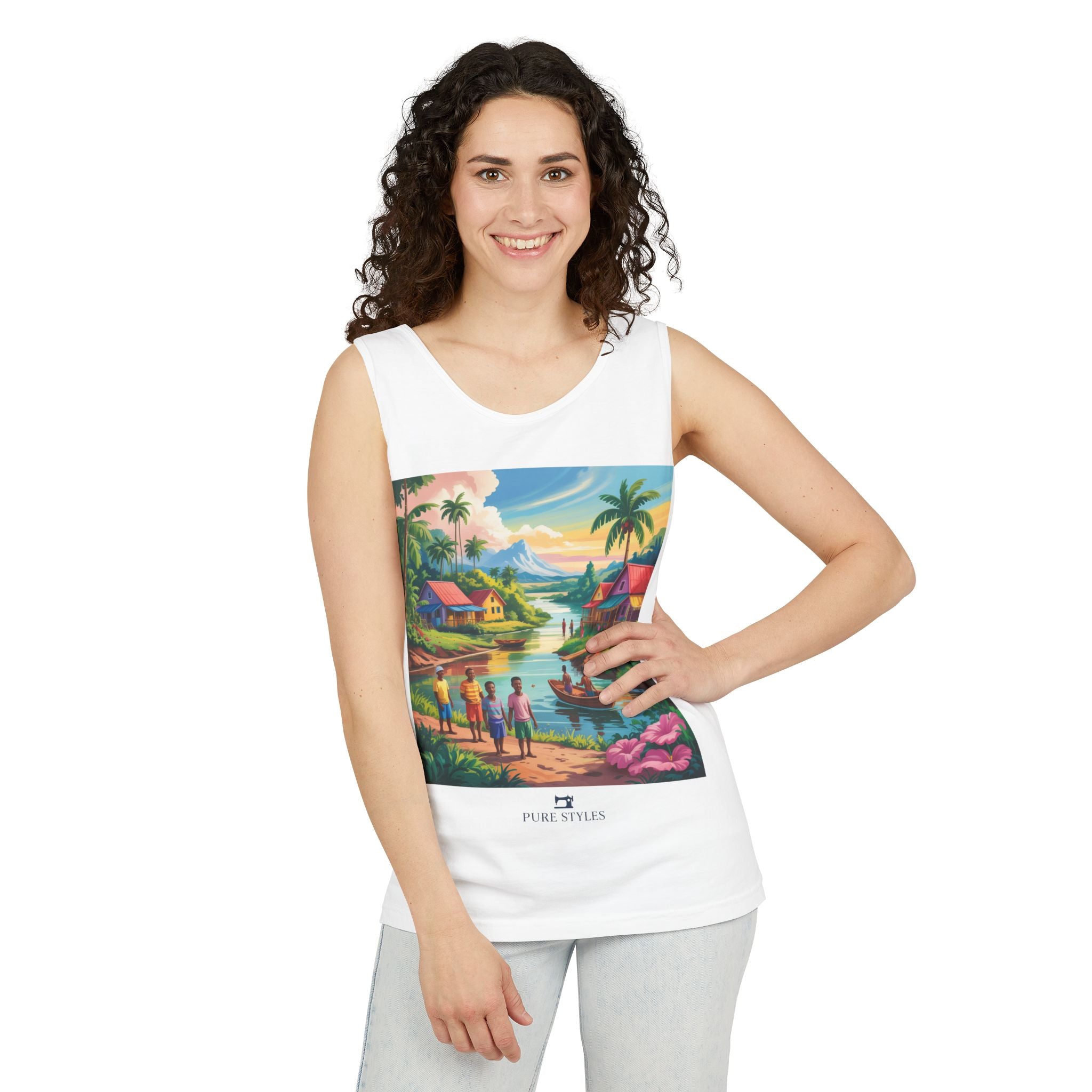 Vibrant Tropical Scene Tank Top - Unisex Summer Wear, Beach Casual, Vacation Apparel, Gift for Nature Lovers, Relaxed Fit Fashion