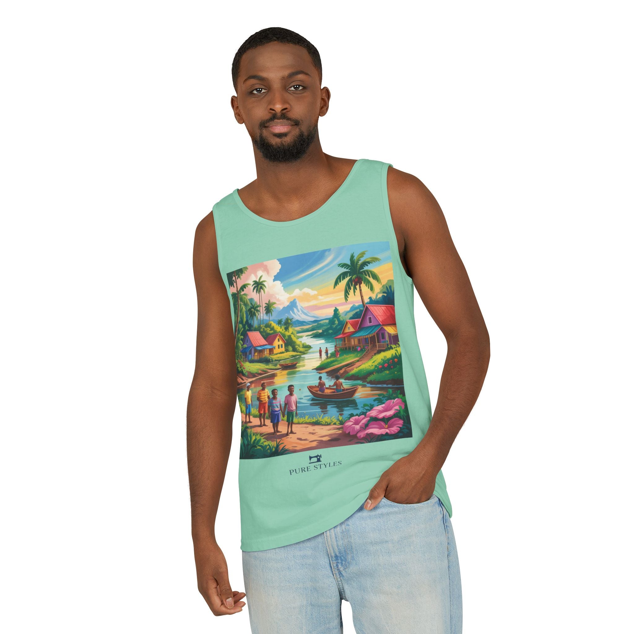 Vibrant Tropical Scene Tank Top - Unisex Summer Wear, Beach Casual, Vacation Apparel, Gift for Nature Lovers, Relaxed Fit Fashion