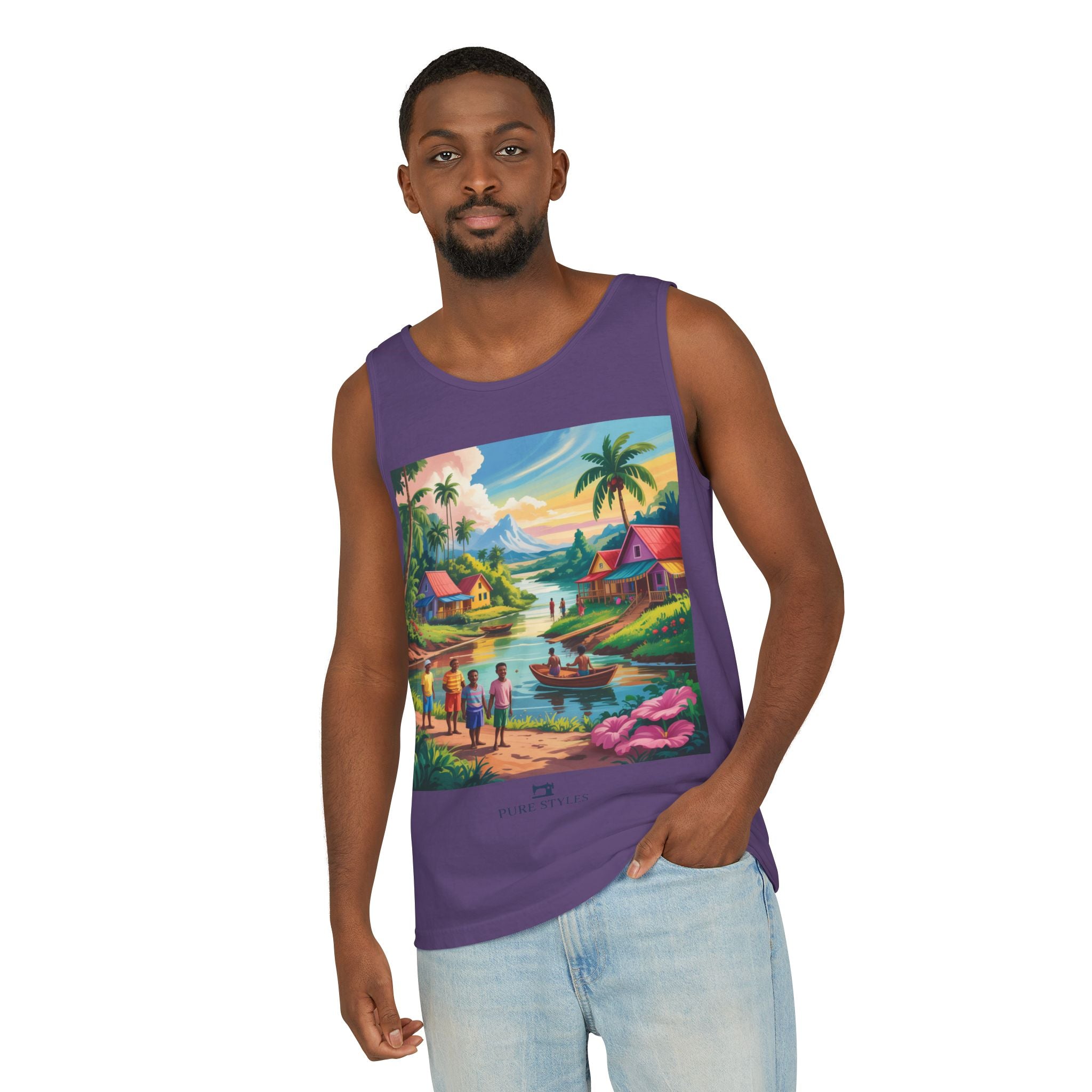 Vibrant Tropical Scene Tank Top - Unisex Summer Wear, Beach Casual, Vacation Apparel, Gift for Nature Lovers, Relaxed Fit Fashion