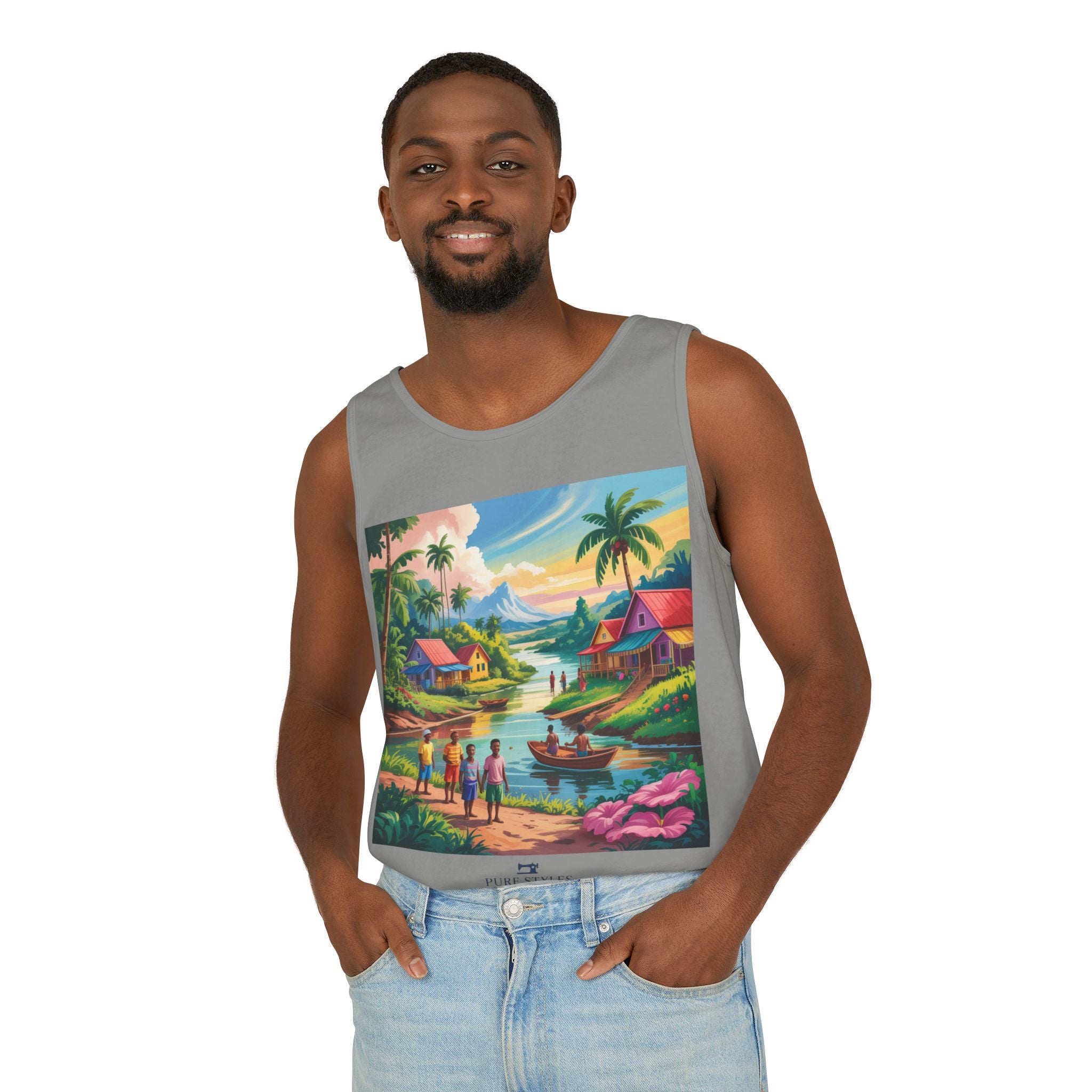 Vibrant Tropical Scene Tank Top - Unisex Summer Wear, Beach Casual, Vacation Apparel, Gift for Nature Lovers, Relaxed Fit Fashion
