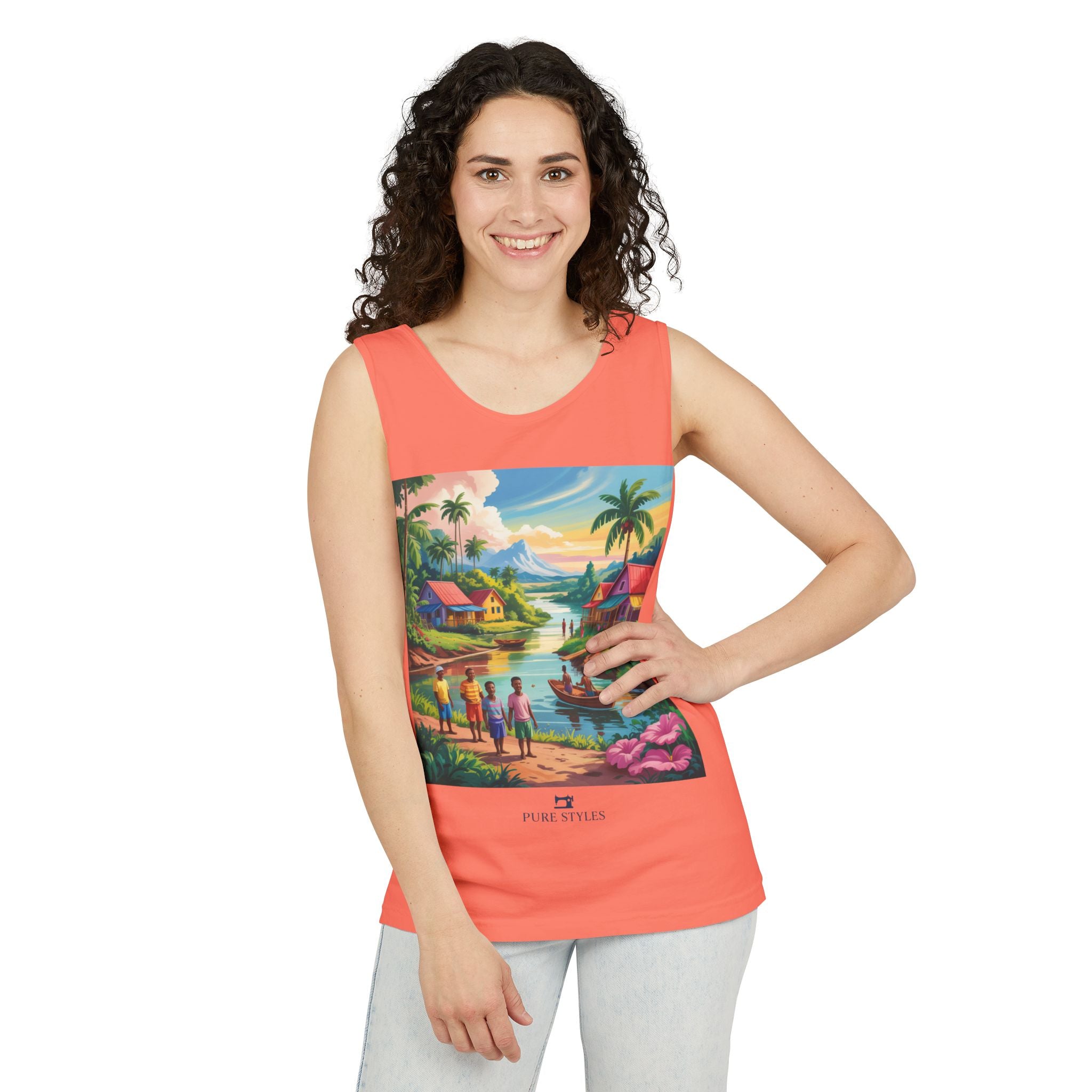 Vibrant Tropical Scene Tank Top - Unisex Summer Wear, Beach Casual, Vacation Apparel, Gift for Nature Lovers, Relaxed Fit Fashion