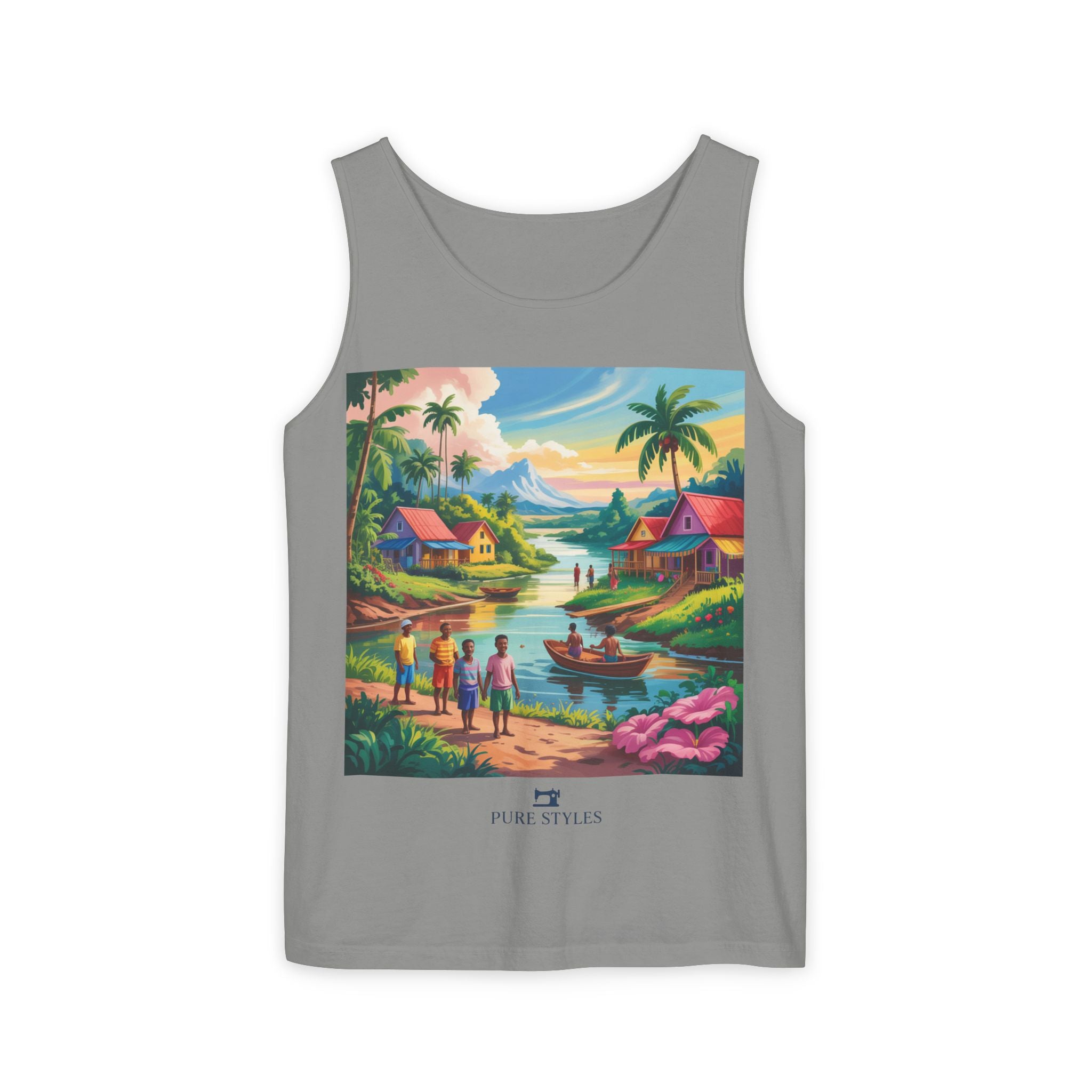 Vibrant Tropical Scene Tank Top - Unisex Summer Wear, Beach Casual, Vacation Apparel, Gift for Nature Lovers, Relaxed Fit Fashion