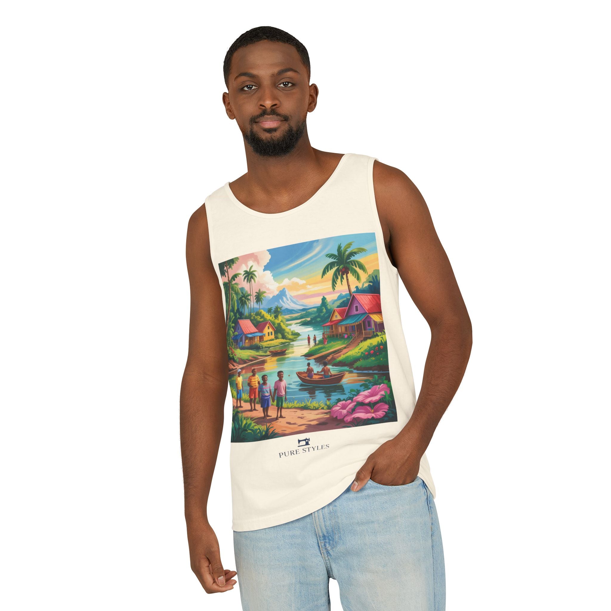 Vibrant Tropical Scene Tank Top - Unisex Summer Wear, Beach Casual, Vacation Apparel, Gift for Nature Lovers, Relaxed Fit Fashion