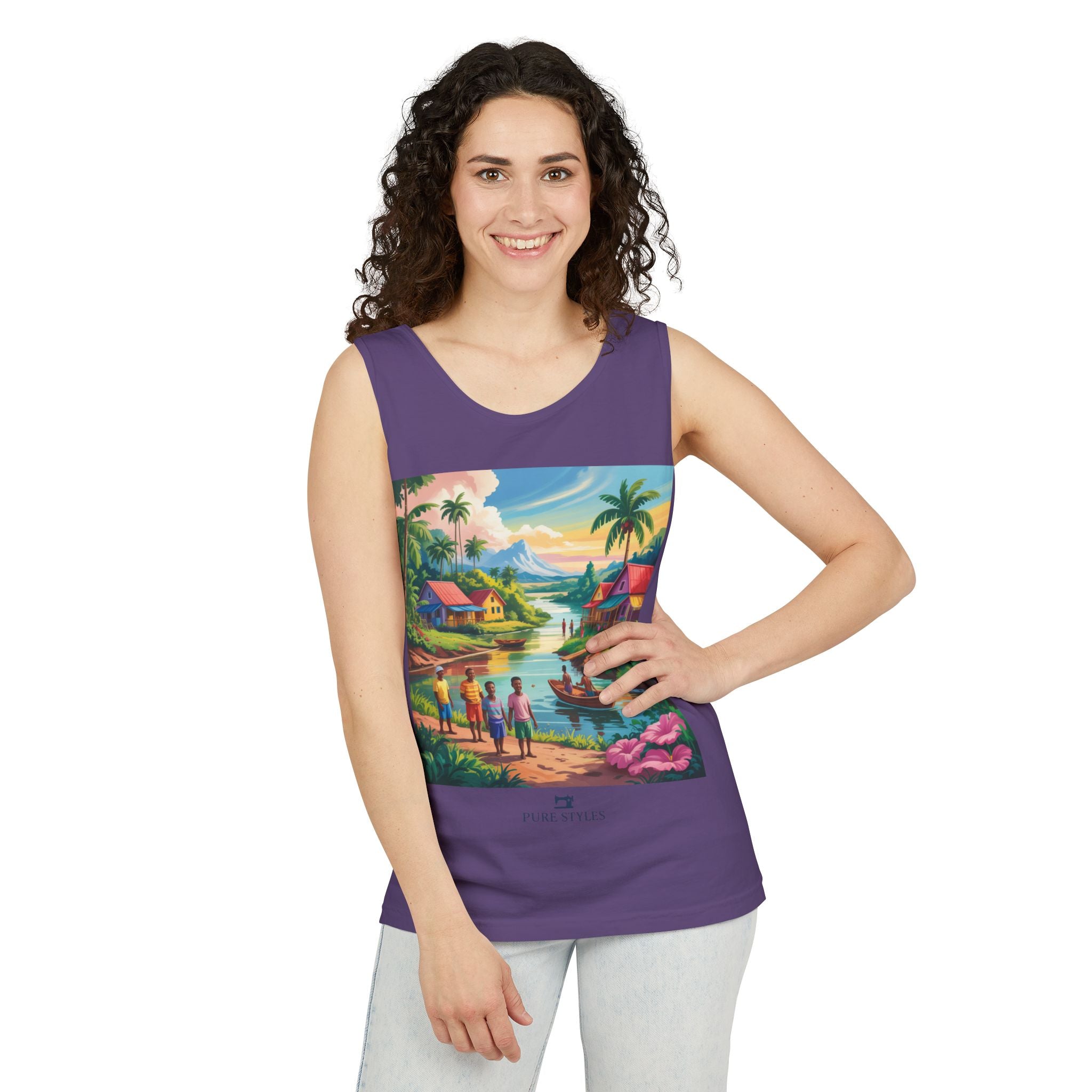 Vibrant Tropical Scene Tank Top - Unisex Summer Wear, Beach Casual, Vacation Apparel, Gift for Nature Lovers, Relaxed Fit Fashion