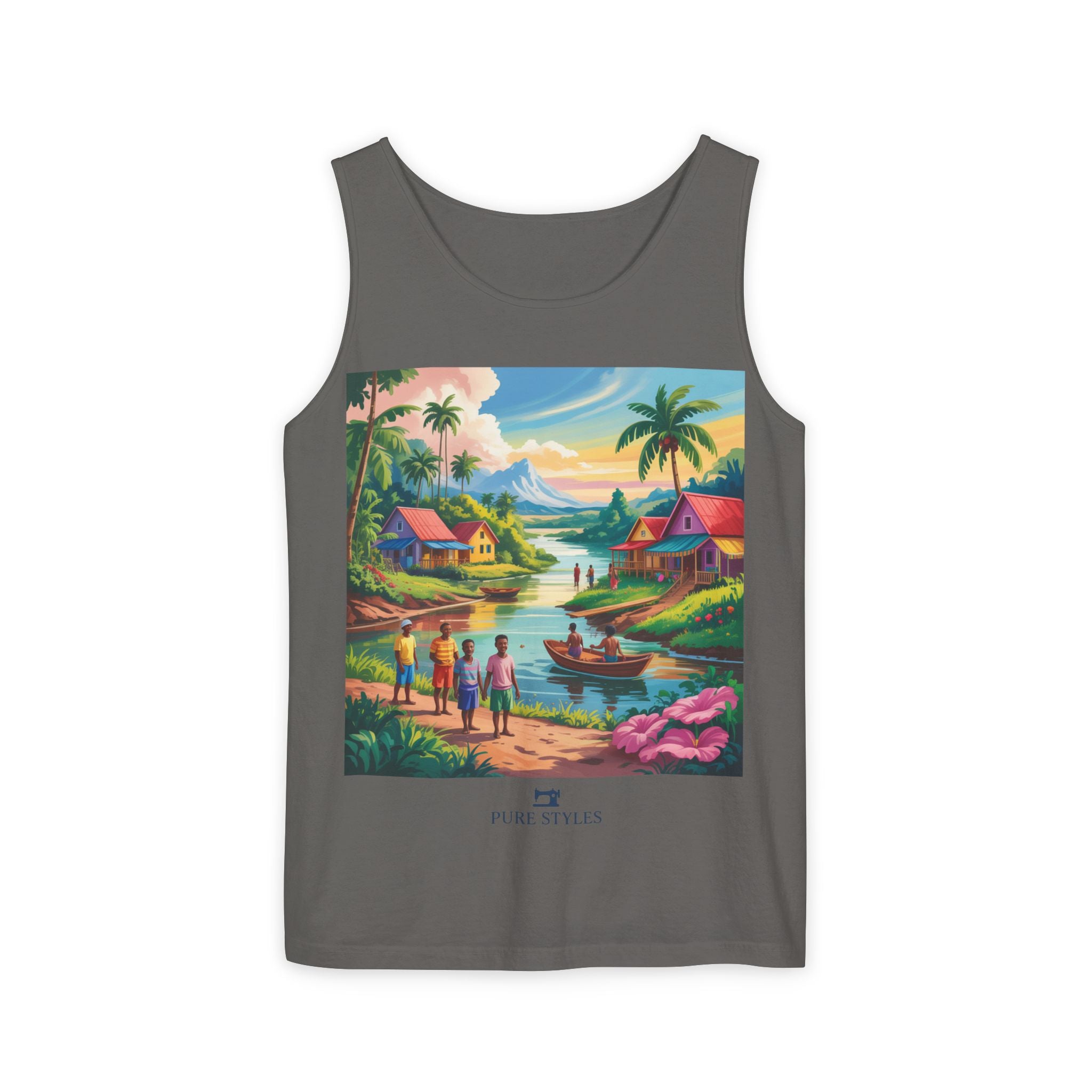 Vibrant Tropical Scene Tank Top - Unisex Summer Wear, Beach Casual, Vacation Apparel, Gift for Nature Lovers, Relaxed Fit Fashion