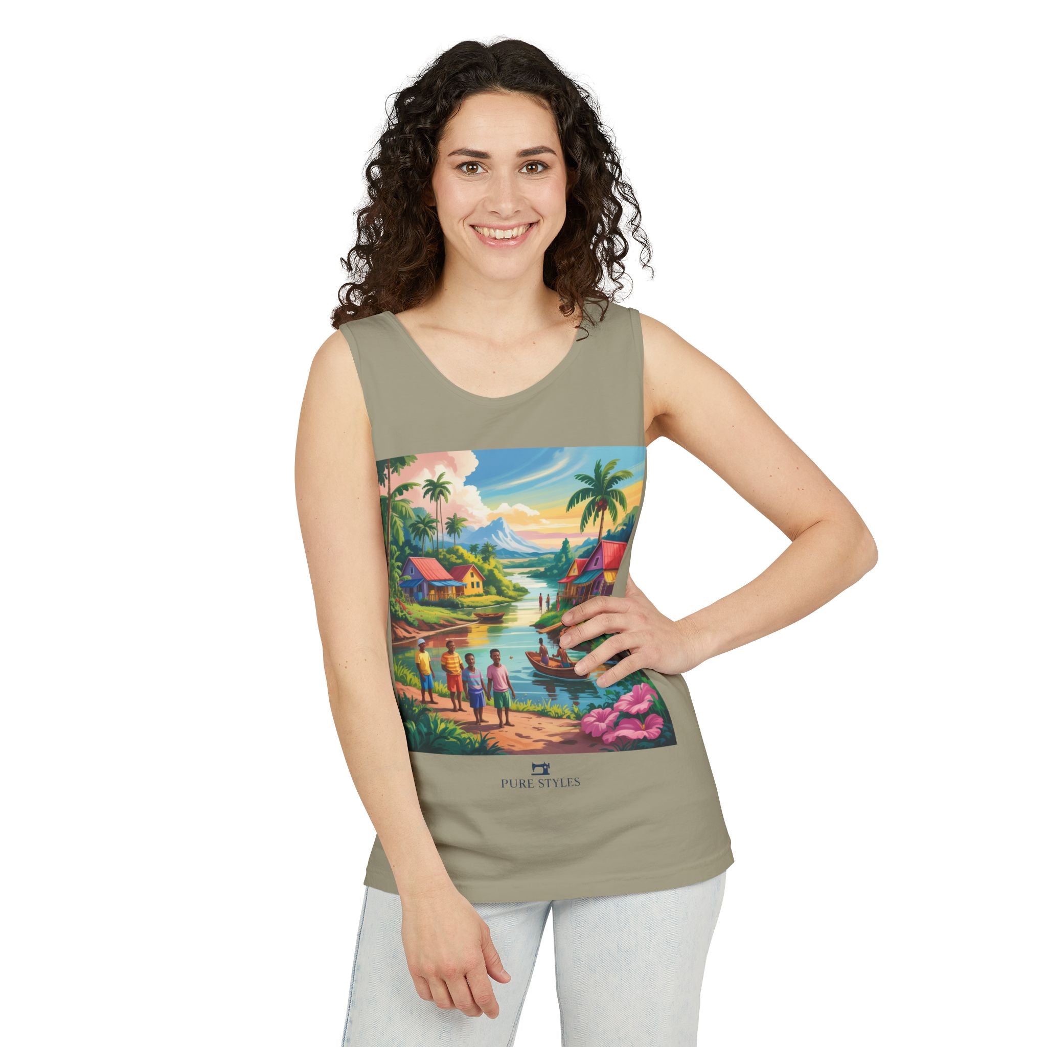 Vibrant Tropical Scene Tank Top - Unisex Summer Wear, Beach Casual, Vacation Apparel, Gift for Nature Lovers, Relaxed Fit Fashion