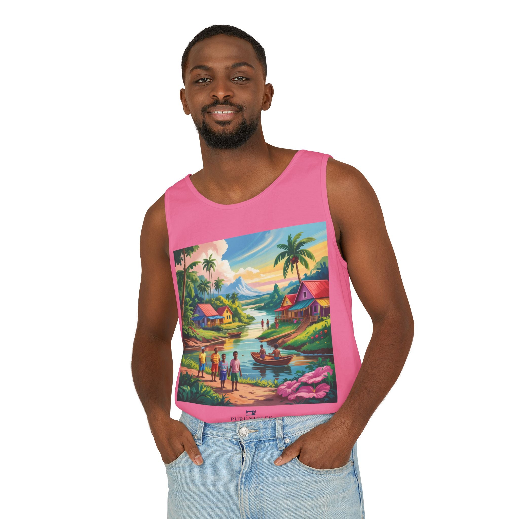 Vibrant Tropical Scene Tank Top - Unisex Summer Wear, Beach Casual, Vacation Apparel, Gift for Nature Lovers, Relaxed Fit Fashion