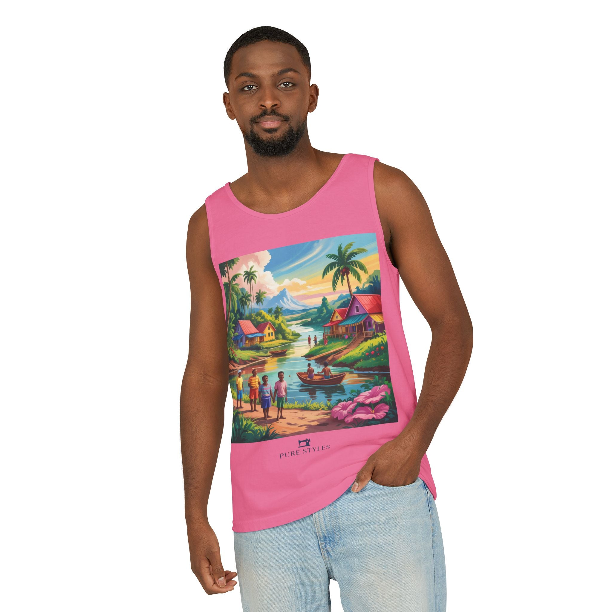 Vibrant Tropical Scene Tank Top - Unisex Summer Wear, Beach Casual, Vacation Apparel, Gift for Nature Lovers, Relaxed Fit Fashion