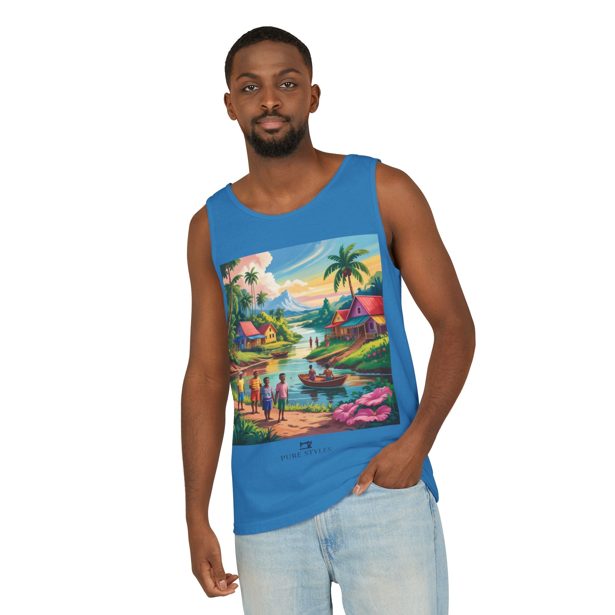 Vibrant Tropical Scene Tank Top - Unisex Summer Wear, Beach Casual, Vacation Apparel, Gift for Nature Lovers, Relaxed Fit Fashion