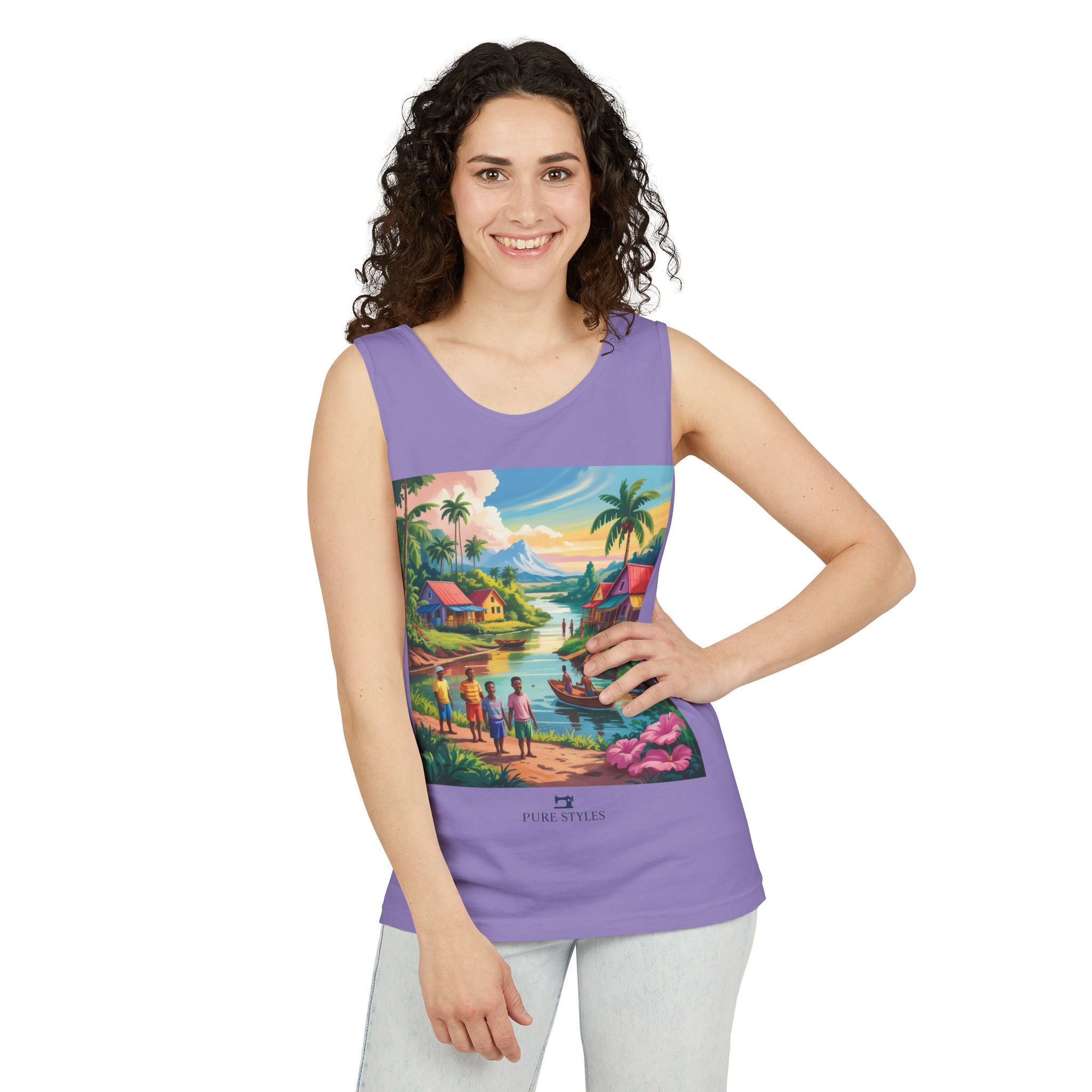 Vibrant Tropical Scene Tank Top - Unisex Summer Wear, Beach Casual, Vacation Apparel, Gift for Nature Lovers, Relaxed Fit Fashion