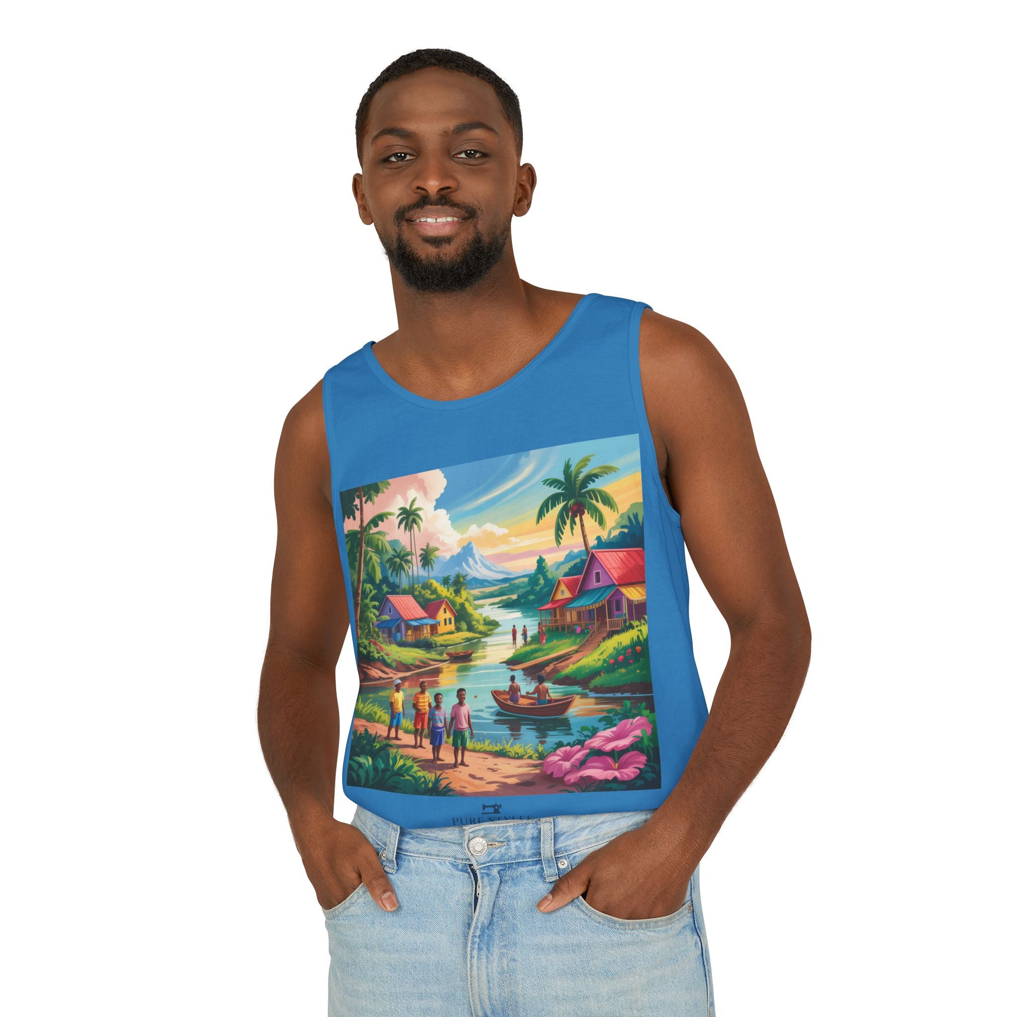 Vibrant Tropical Scene Tank Top - Unisex Summer Wear, Beach Casual, Vacation Apparel, Gift for Nature Lovers, Relaxed Fit Fashion
