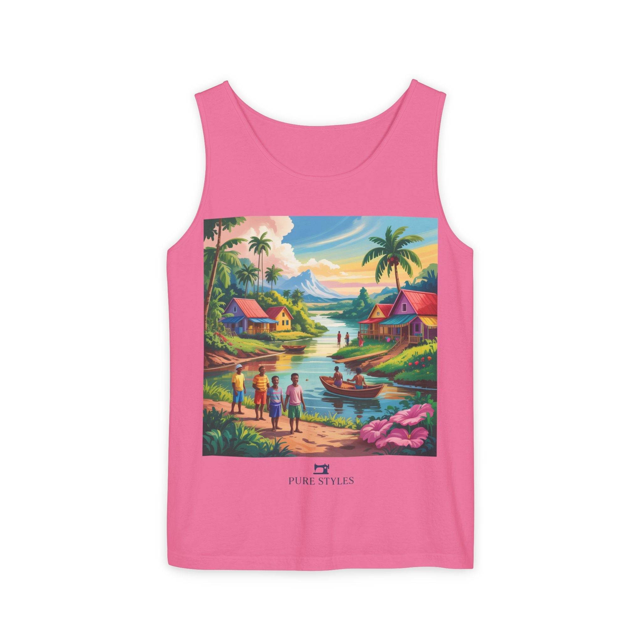 Vibrant Tropical Scene Tank Top - Unisex Summer Wear, Beach Casual, Vacation Apparel, Gift for Nature Lovers, Relaxed Fit Fashion