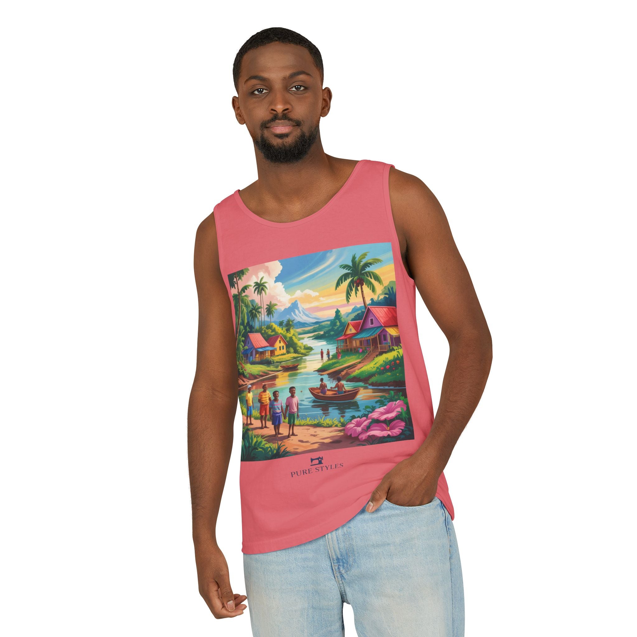 Vibrant Tropical Scene Tank Top - Unisex Summer Wear, Beach Casual, Vacation Apparel, Gift for Nature Lovers, Relaxed Fit Fashion