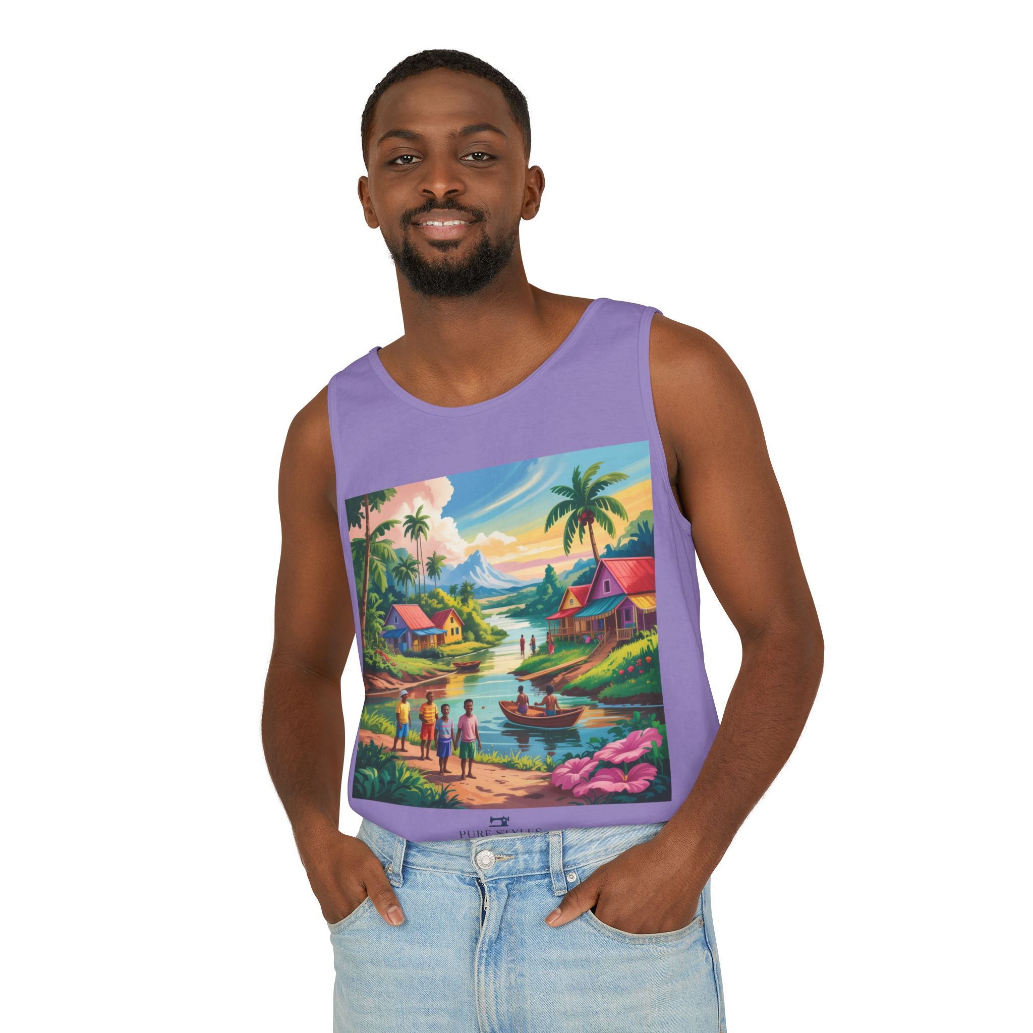 Vibrant Tropical Scene Tank Top - Unisex Summer Wear, Beach Casual, Vacation Apparel, Gift for Nature Lovers, Relaxed Fit Fashion