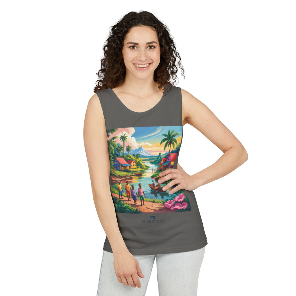 Vibrant Tropical Scene Tank Top - Unisex Summer Wear, Beach Casual, Vacation Apparel, Gift for Nature Lovers, Relaxed Fit Fashion