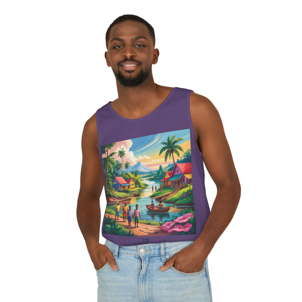 Vibrant Tropical Scene Tank Top - Unisex Summer Wear, Beach Casual, Vacation Apparel, Gift for Nature Lovers, Relaxed Fit Fashion
