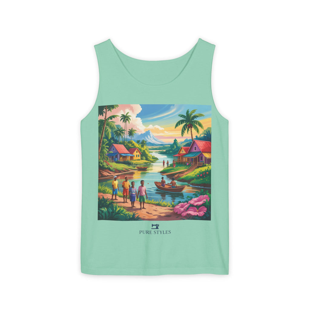 Vibrant Tropical Scene Tank Top - Unisex Summer Wear, Beach Casual, Vacation Apparel, Gift for Nature Lovers, Relaxed Fit Fashion